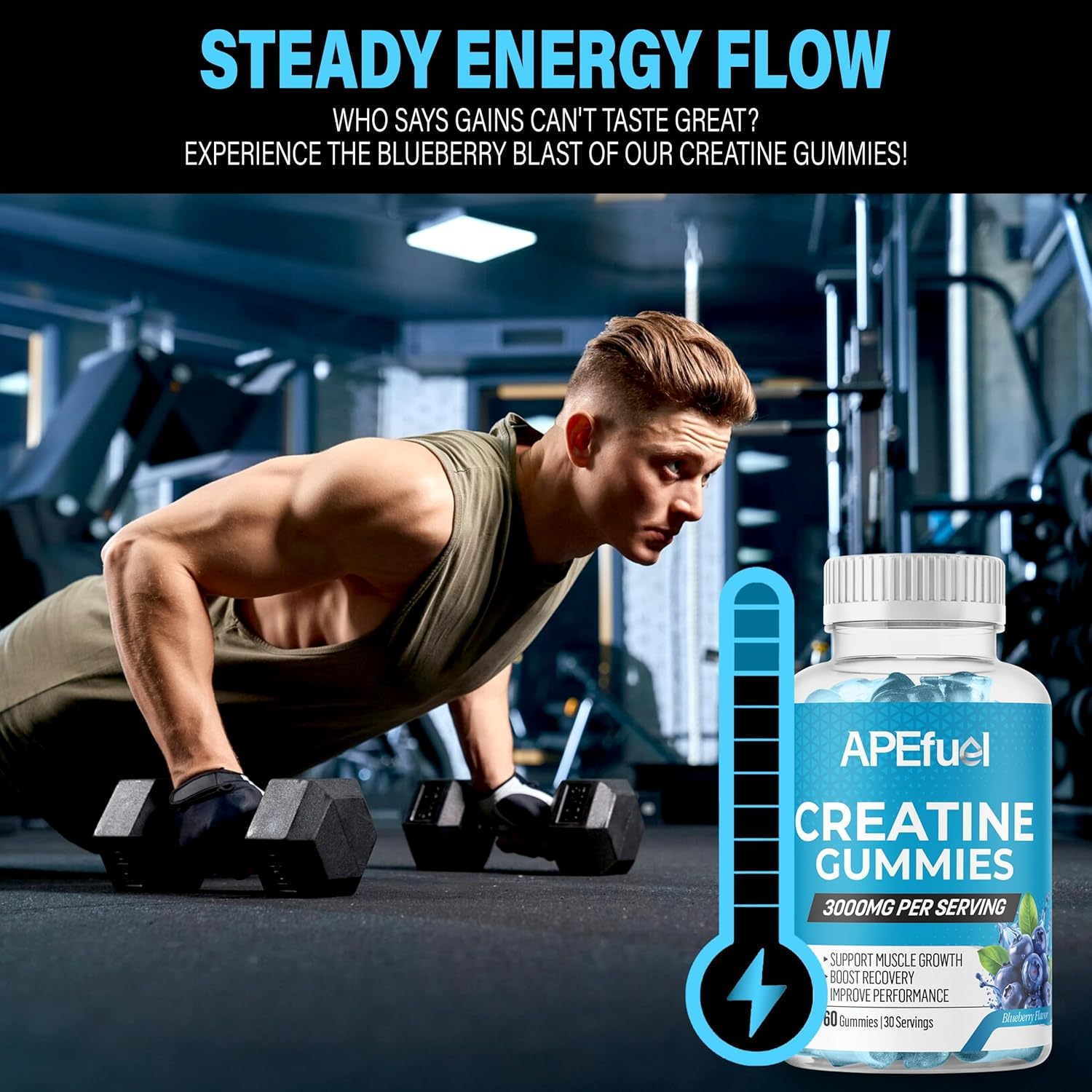 Apefuel Creatine Gummies for Men & Women - Sugar-Free Blueberry Flavored Pre-Workout Gummies for Muscle Growth, Strength & Cognitive Support - 3000Mg Creatine Dietary Supplement (30-Days Supply)