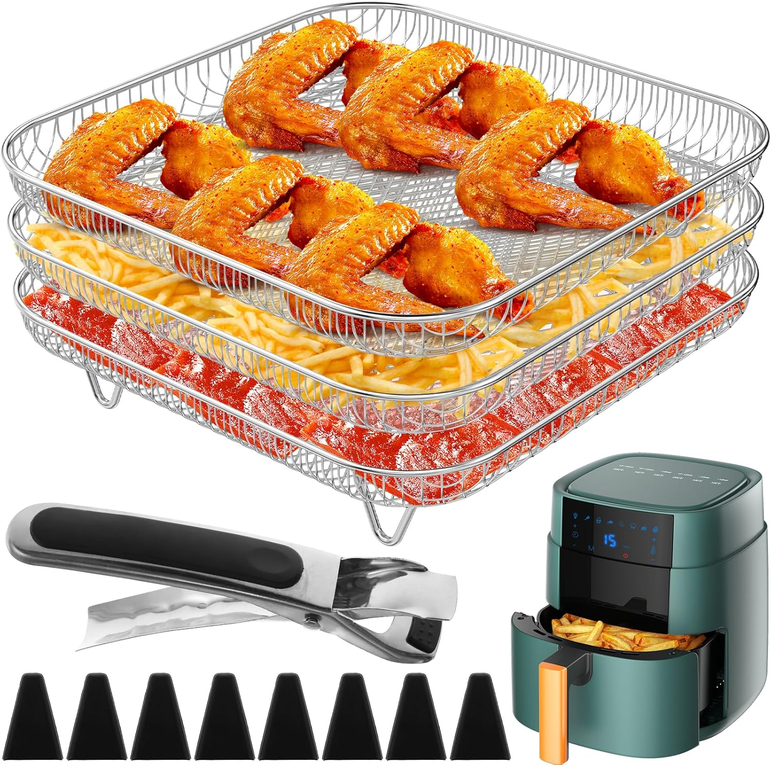 3Pack Air Fryer Racks 8 Inch Square Air Fryer Dehydrator Rack with Clip Stainless Steel Air Fryer Basket with Silicone Feet Stackable Kitchen Dehydrator Rack for Baking and Cooking image number 2