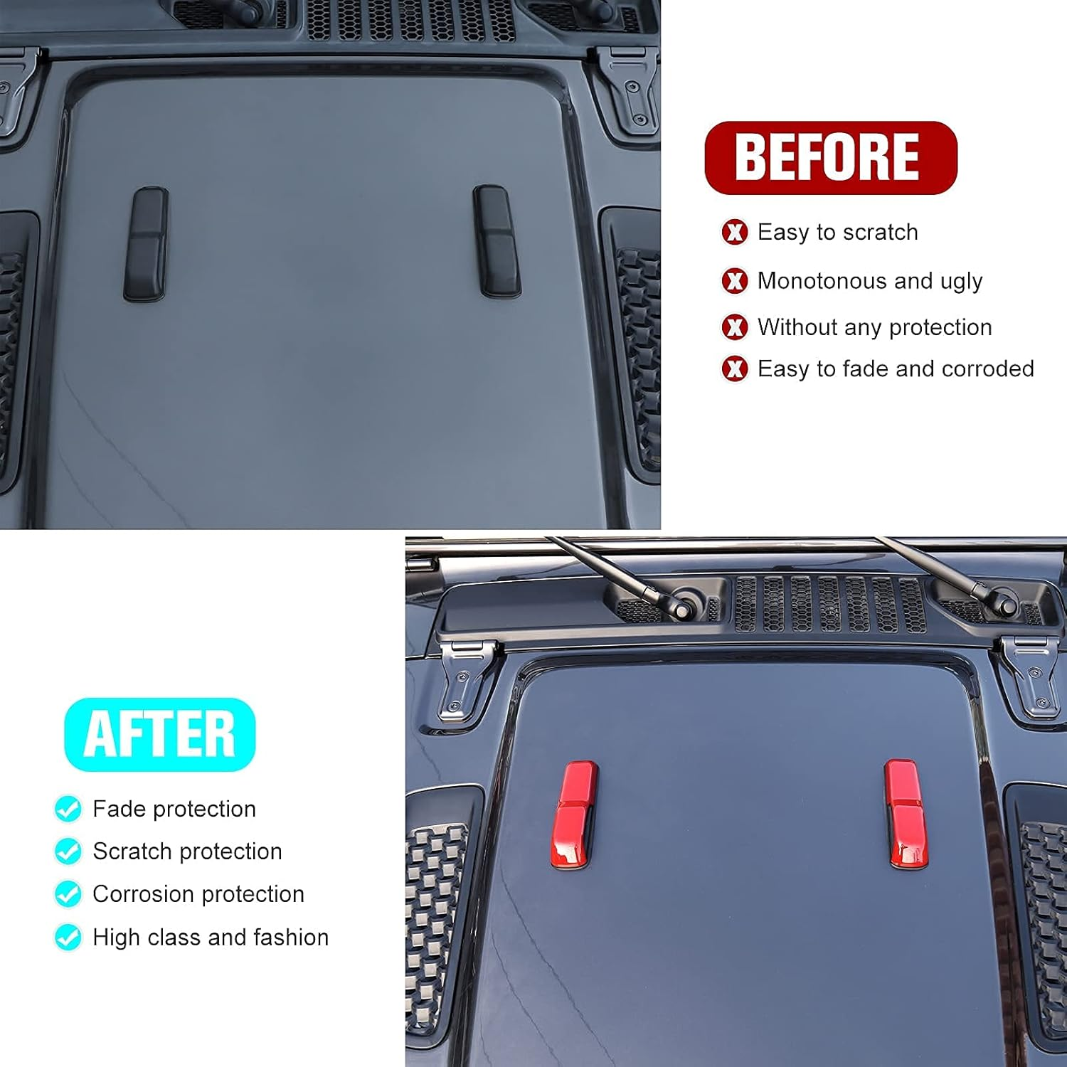 Voodonala Hood Hinge Cover Trim Exterior Accessories Decoration for 2018-2025 Jeep Wrangler JL JLU Sports Sahara Freedom Rubicon Unlimited Gladiator JT 2-Door & 4-Door 2PCS Red image number 6