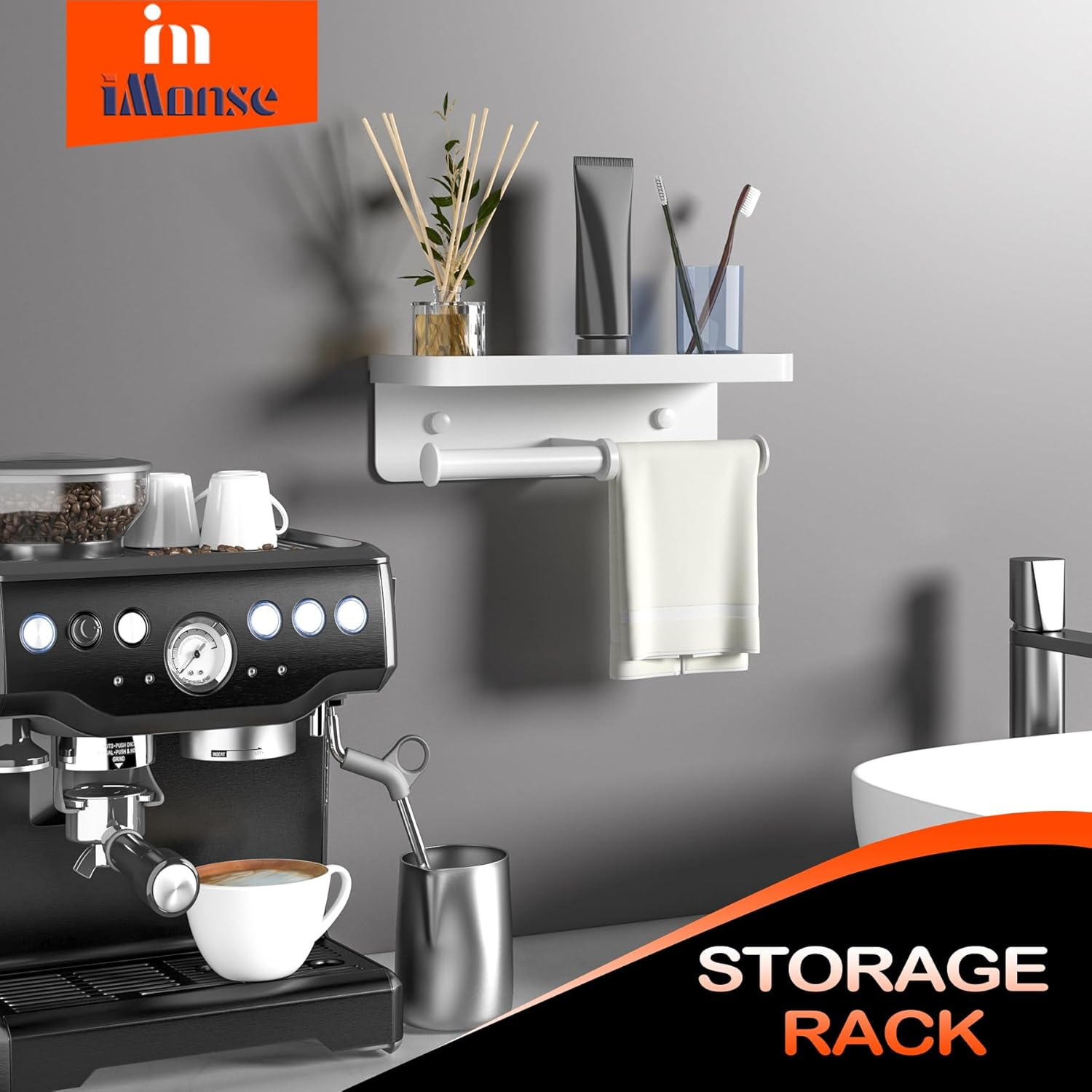 Double Toilet Paper Holder with Shelf, Imonse Paper Towel Holder Wall Mount,Tissue Roll Holder for Bathroom Kitchen RV, Double Tissue Roll Rack with Adhesive & Screw (White) image number 4