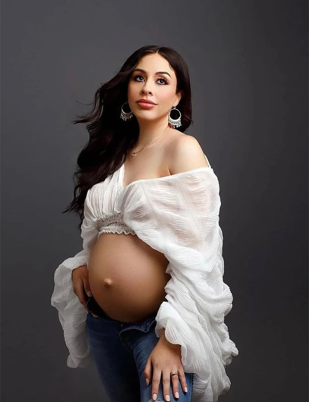 Justvh Women'S Maternity V Neck Chiffon Tunic Top Shirts for Photoshoot Puff Sleeves See-Through Casual Pregnancy Blouse image number 3