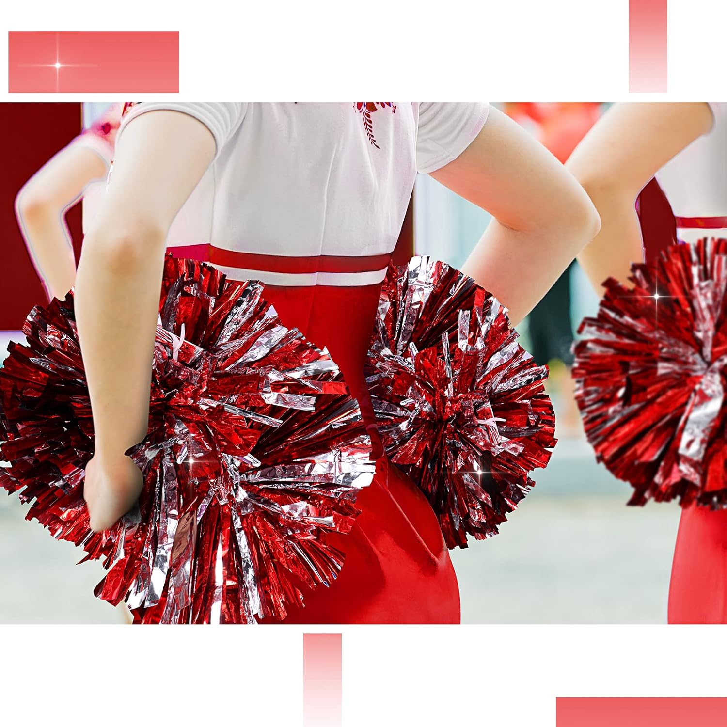 12 Pack 14 Inch Cheerleading Pom Poms and 6 Large Cheerleader Bow Cheer Pom Poms with Baton Handle and Cheerleader Hair Bows for Teen Girls Softball Dance Cheerleader Outfit Uniform (Red)