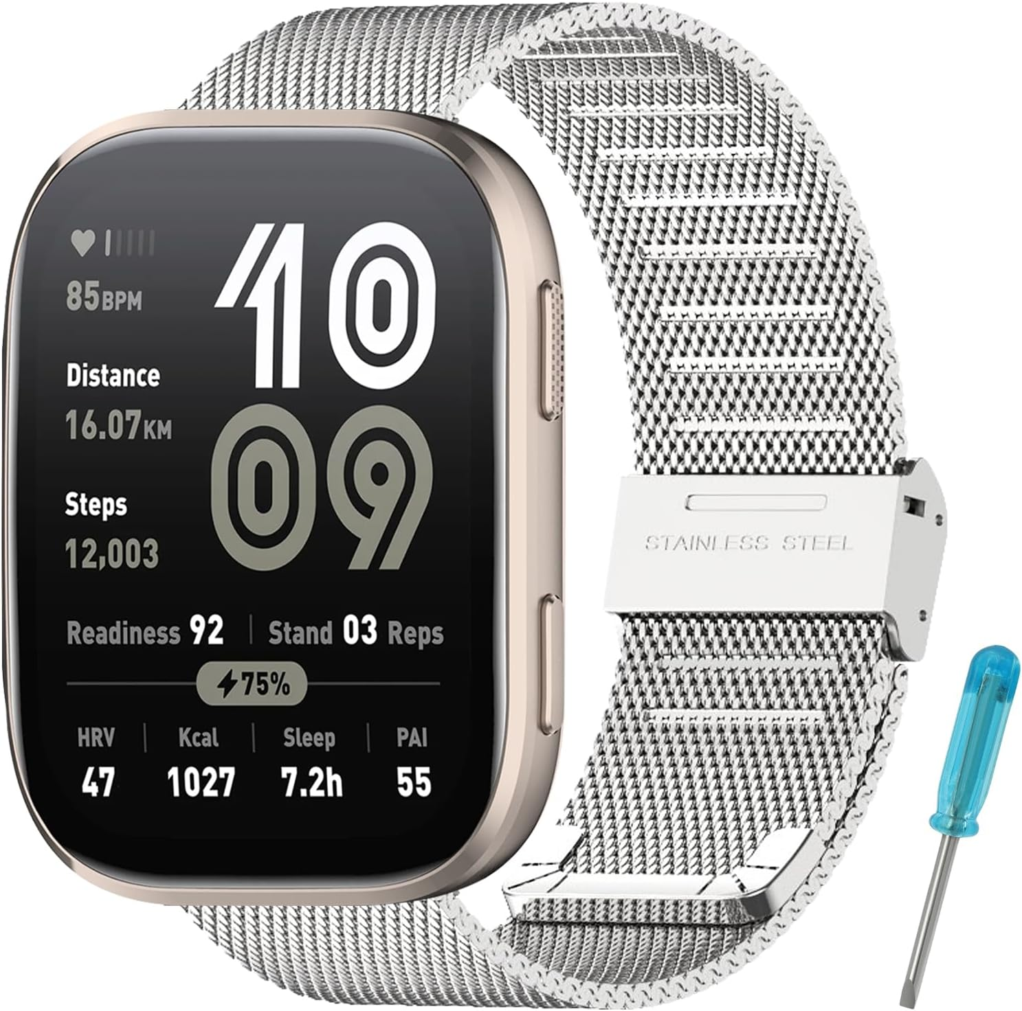 Rensheng 22MM Stainless Steel Strap Compatible with Amazfit Bip 6 Bracelet,Replacement Metal Strap for Amazfit Bip 6 Strap