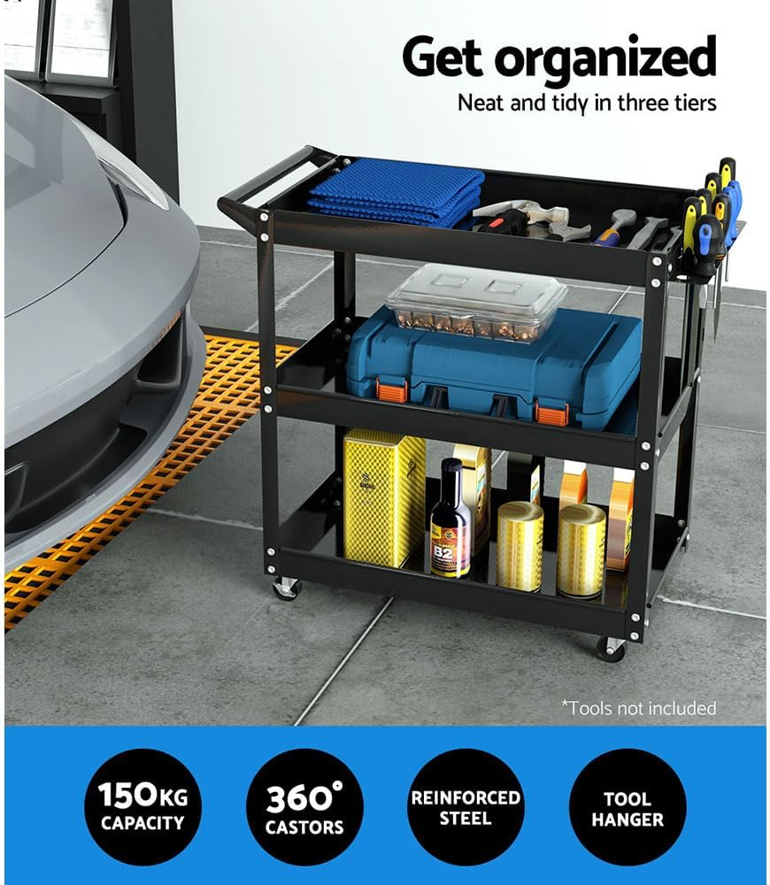 3-Tier Tool Cart Trolley Workshop Garage Storage Organizer Black Heavy Duty Utility image number 5