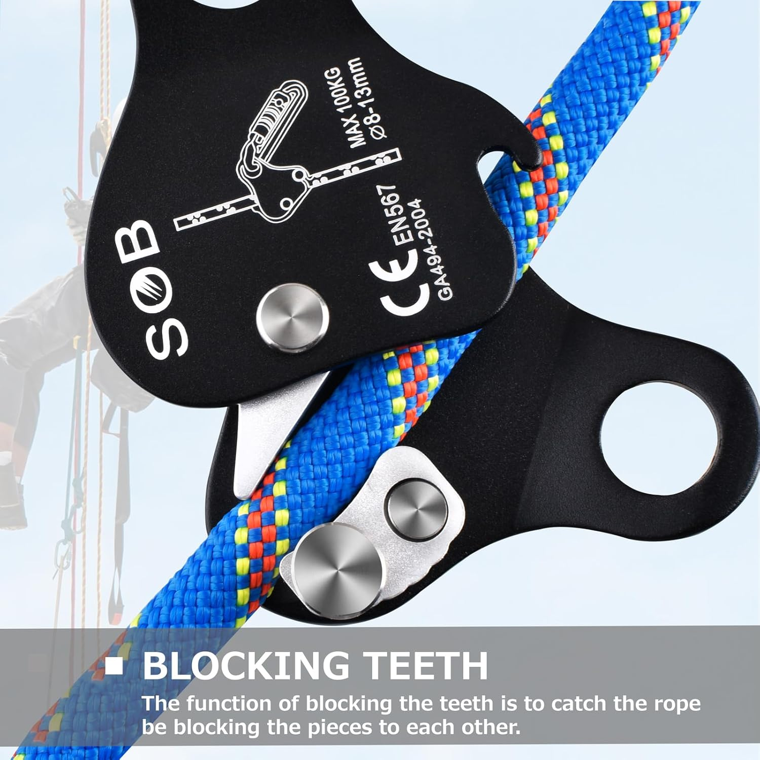 Azarxis Climbing Descender Ascender Belay Device Self Locking Fall Protection Rappel Equipment Rope Grip for 8-13Mm Rope for Rock Mountaineering Aerial Work Caving Rescue Tree Arborist - Blue image number 6