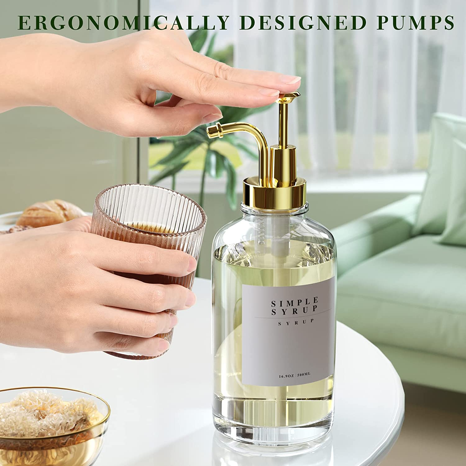 Coffee Syrup Dispenser for Bar Accessories，Coffee Pump Dispenser, Glass Syrup Bottle with Gold Pumps and 20 Labels, 16.9 Oz 500 Ml, Set of 2 - 2 Pack image number 3