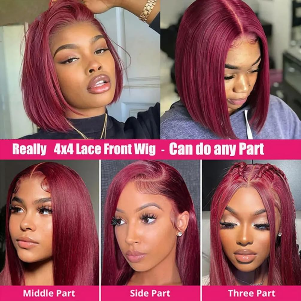 4X4 Burgundy 99J Human Hair Wigs for Black Women Glueless Pre Lined 150% Straight 10 Inch image number 6