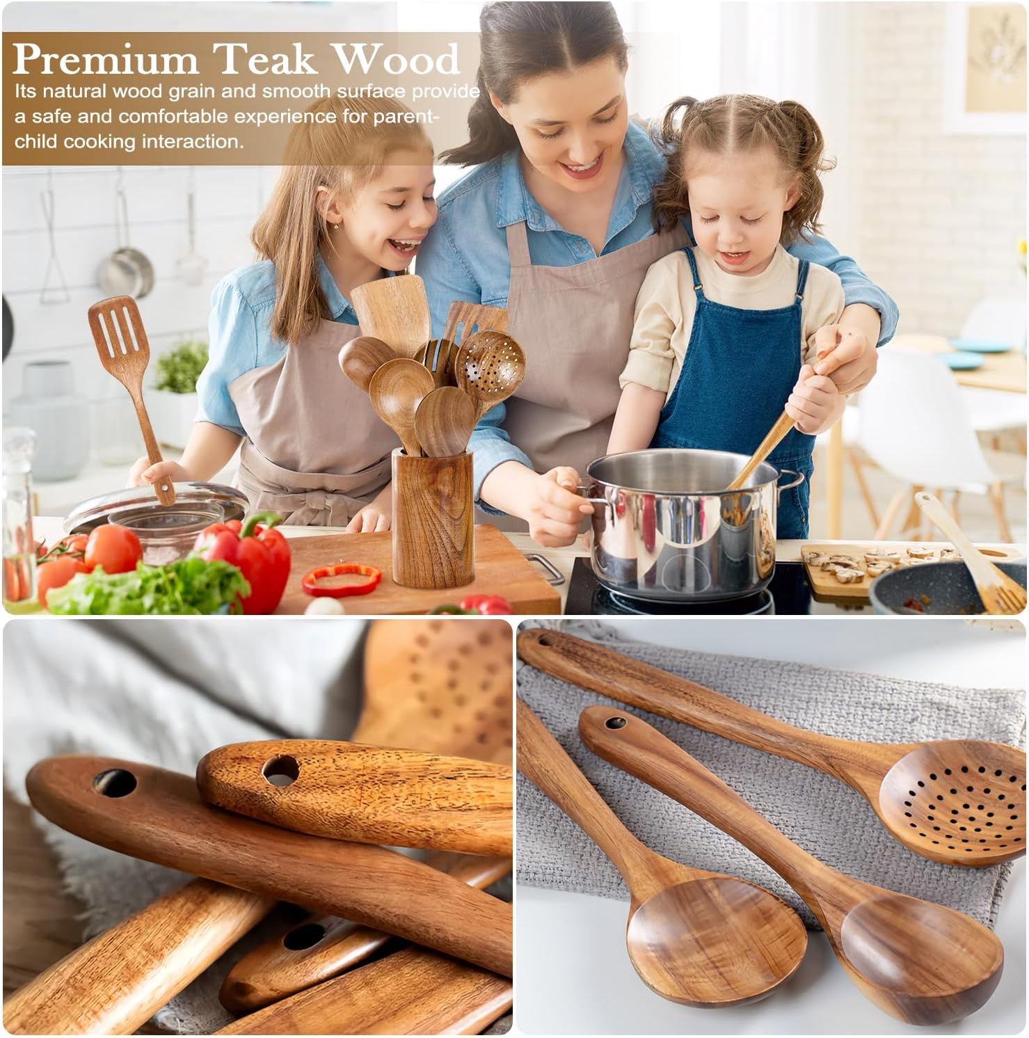 WEKUBA 11 Piece Kitchen Utensil Set, Natural Teak Kitchen Wooden Utensils for Cooking, Wood Utensil Natural Teak Wood Spoons for Cooking,Wooden Utensil Set with Spatula and Ladle image number 1