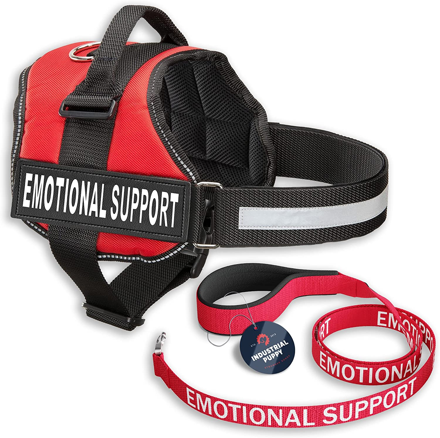 Industrail Puppy Emotional Support Vest Harness with Hook and Loop Straps and Handle, 2 Reflective Emotional Support Velcro Patches, Detachable, ESA Matching Leash Set, Dog Accessories, XXS, Red