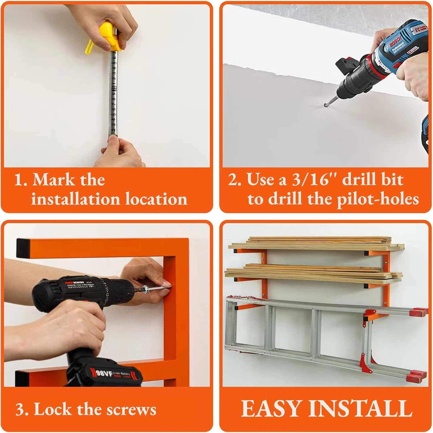 MOOMSINE Lumber Storage Rack Wall Mount, Heavy Duty Metal Wood Organizer with 3-Level Each Shelf Holds up 200 Lbs, Indoor & Outdoor Use image number 4