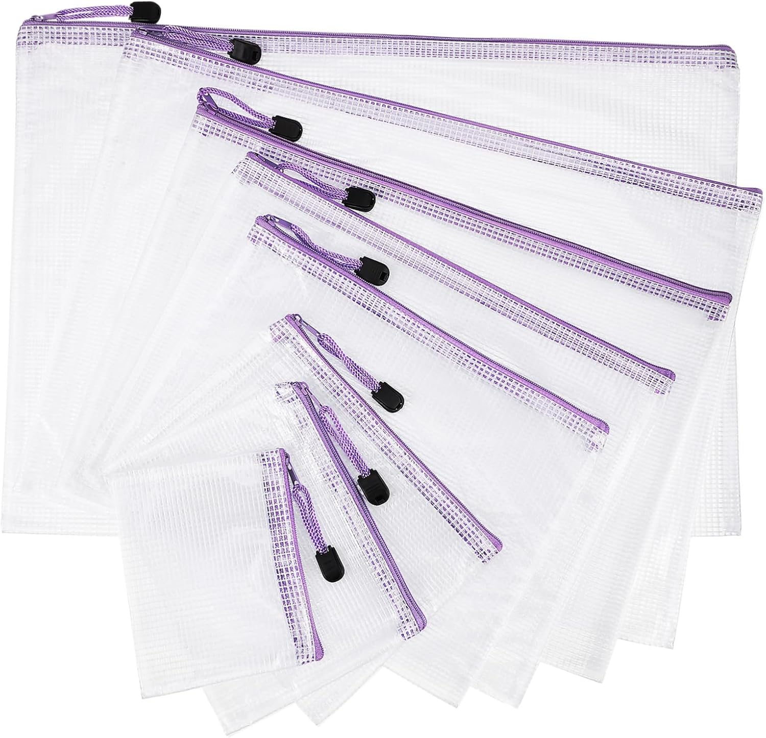 TIDTALEO 32Pcs Mesh Zipper Pouch Transparent Document Wallets with Purple Zippers and White Mesh Body Multi Organizer Bags for Stationery Travel Office Supplies Portable and Lightweight