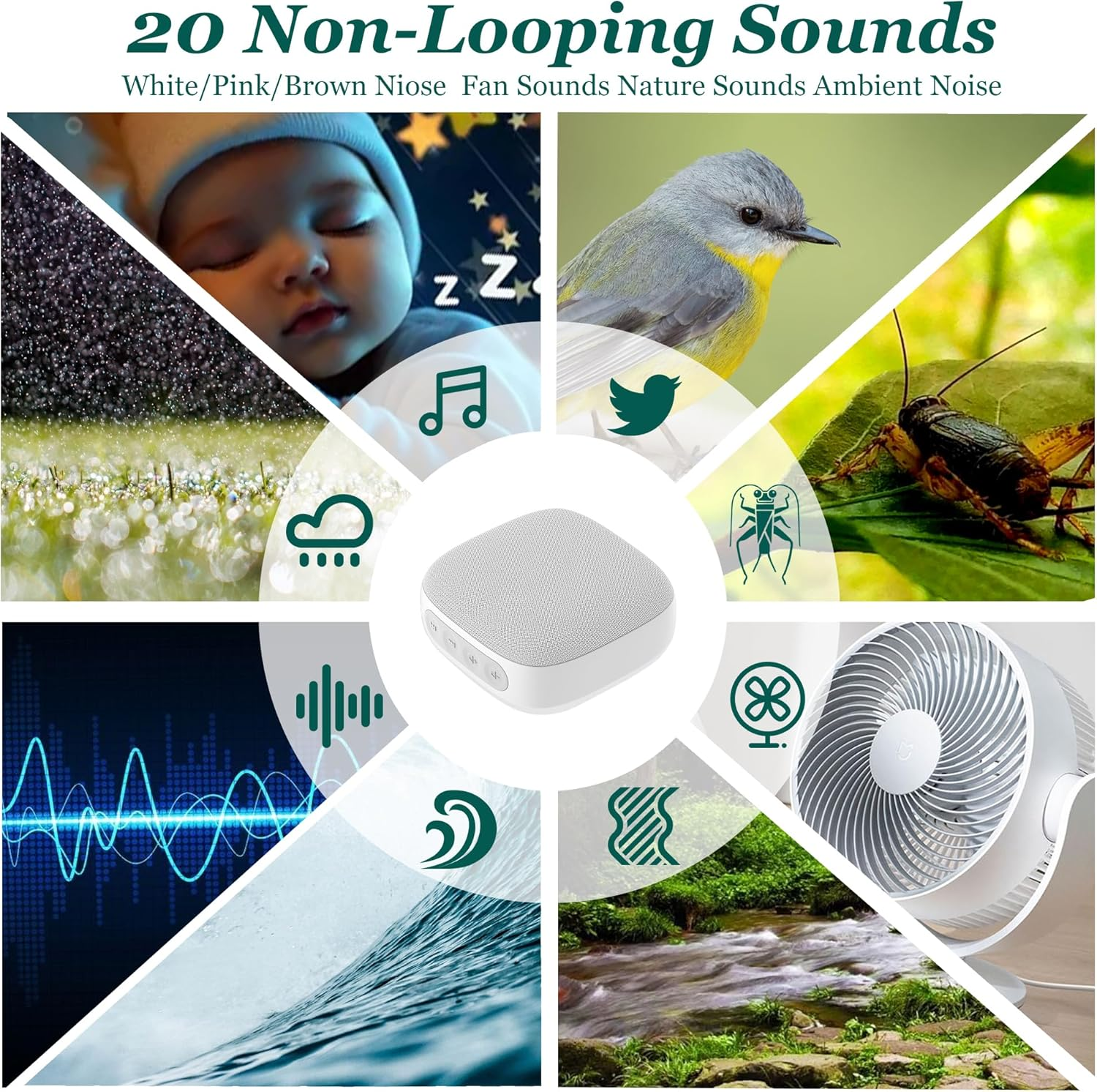 Portable White Noise Machine, 52-Hour Lasting Travel Sound Machine with Headphone Jack, 20 Soothing Sounds, Adjustable LED Light, 3 Timer Modes & Memory Function, Promotes Deep Sleep for Baby, Adults image number 3