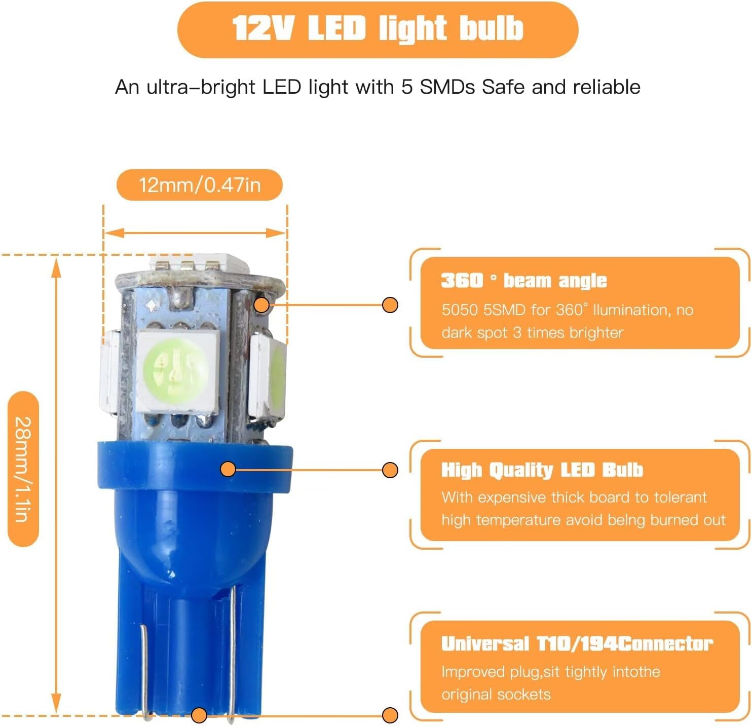 10PCS LED Bulb Replacement for T10 5SMD 5050 Globe Light Bulb Wedge Tail Plate Parker Interior Dash, 12 * 28Mm, 12V, Blue - Blue image number 5