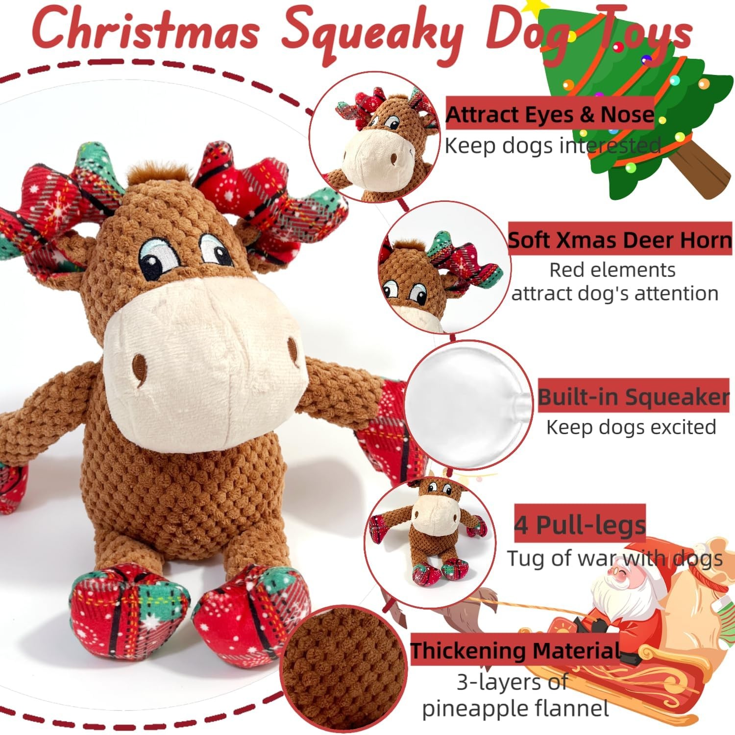 Christmas Dog Squeaky Toys with Crinkle, Xmas Interactive Plush Dog Toys, Dog Enrichment Chew Toys to Keep Them Busy, Dog Toys for Small Medium Large Dogs, Puppy Toys - Deer image number 2