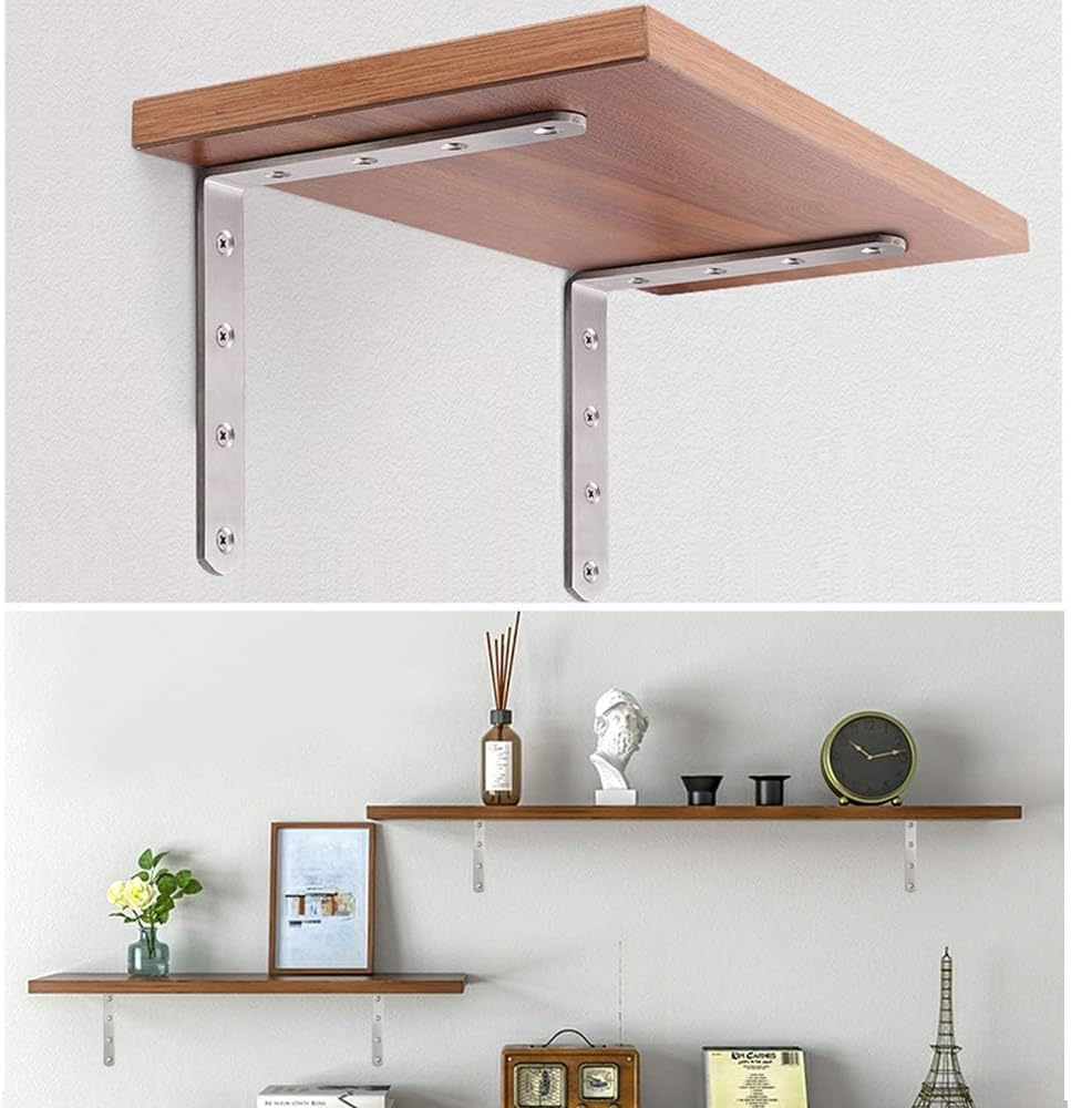 Evervanz 8 Pcs Stainless Steel L Bracket 12.5Cm X 12.5 Cm Heavy Duty Solid Shelf Support Corner Brace, Metal Joint Right Angle Bracket for Wood Shelves, with Screws G_04
