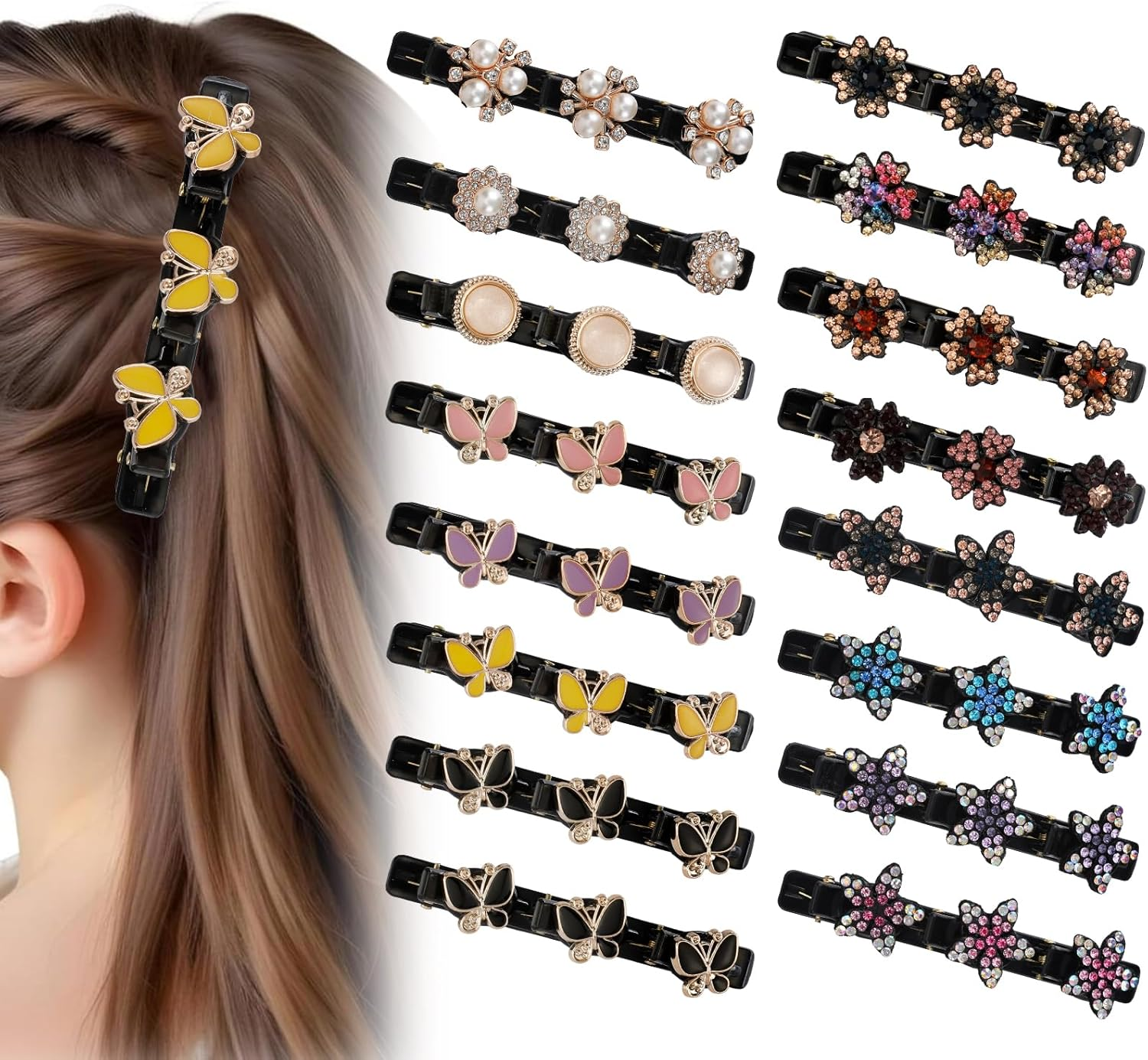 WATUNID 16 Pieces Glitter Crystal Stone Braided Hair Clips, Rhinestone Pearl Four Leaf Clover Rose Flower Double Layer Section Hair Clip with 3 Small Clips, Hair Accessories for Women image number 4