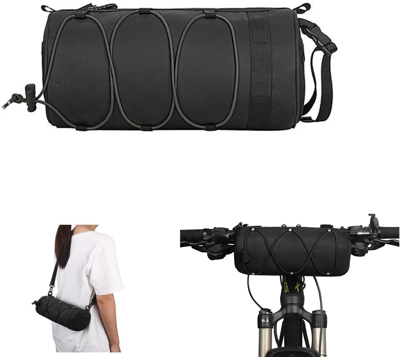 Bike Handlebar Bag Frame Bag with Shoulder Strap, Front Bag for Mountain & Road Bikes (Black) image number 4