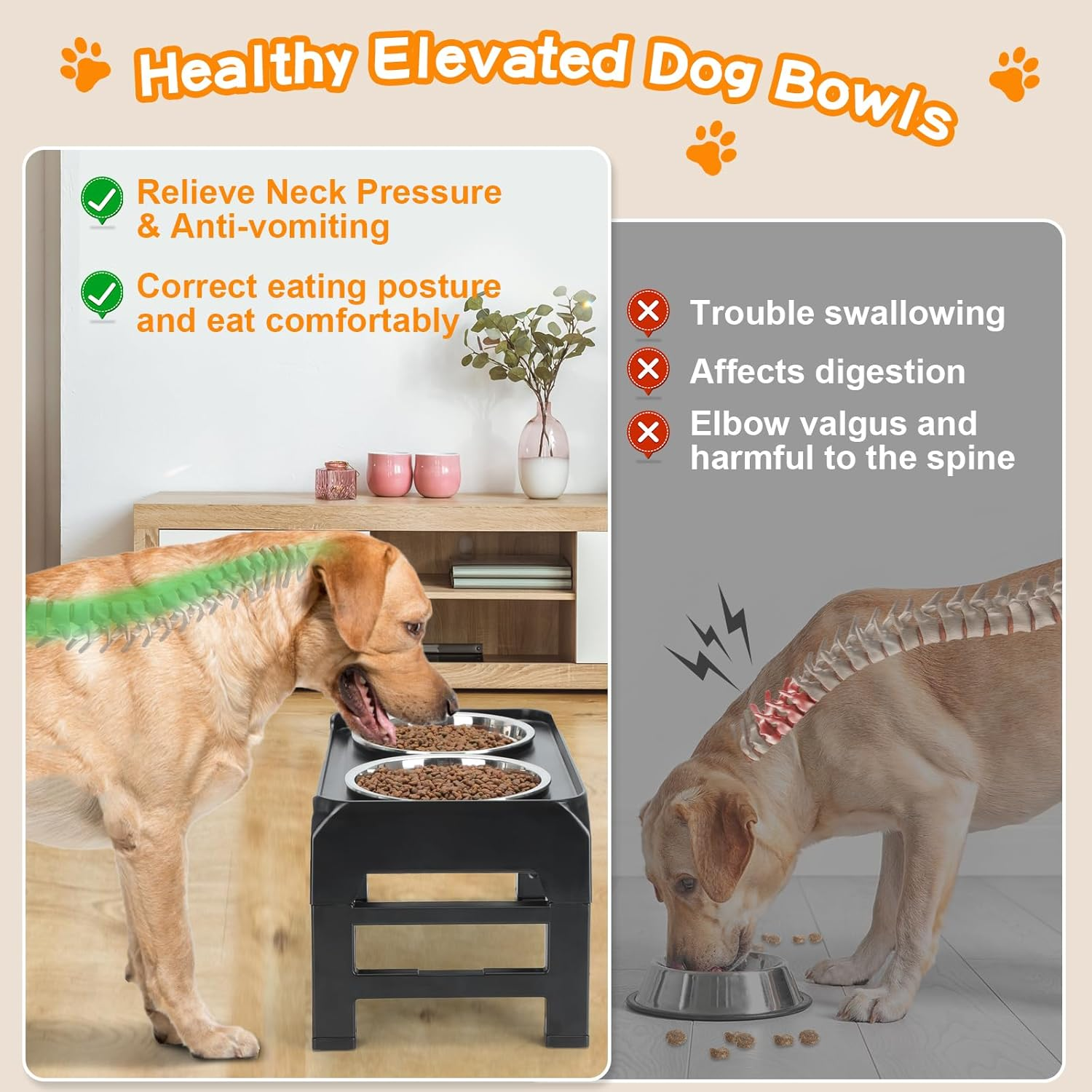 Elevated Dog Bowls, 4 Height Adjustable Raised Dog Bowl Stand with 2 Thick 50Oz Stainless Steel Dog Food Bowls Non-Slip Dog Feeder for Medium Large Dogs Adjusts to 3.7", 9.2", 10.75", 12.36" Black