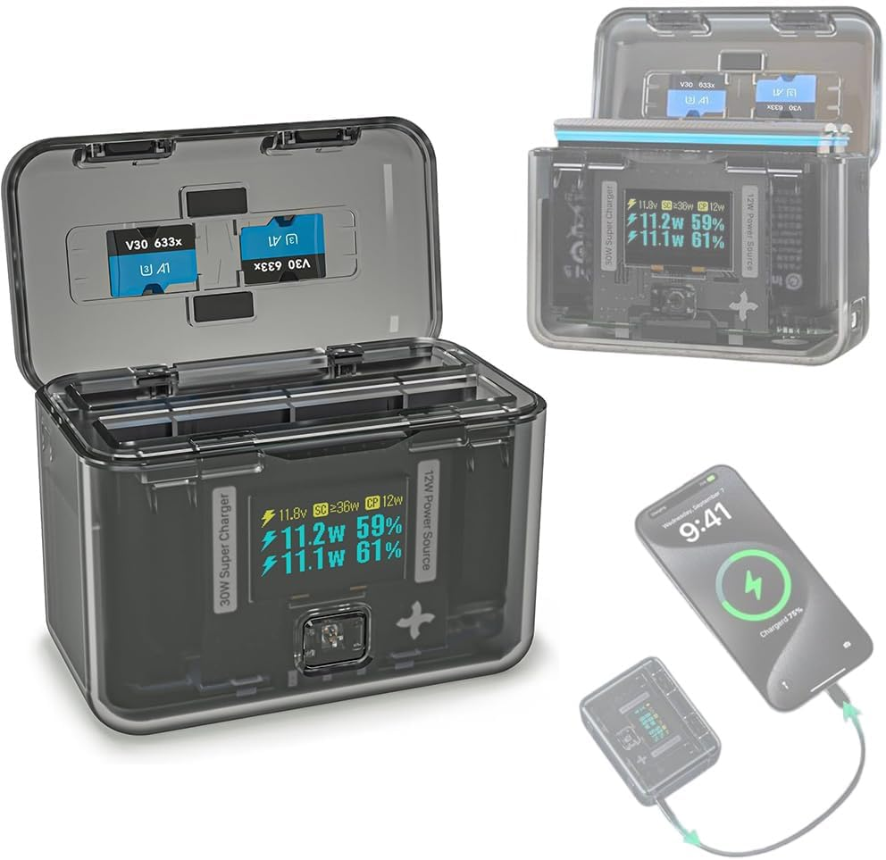 Coyktonty Battery Rush Charger for Insta360 X4, 30W OLED Screen Intelligent Two Way Charging Case with 12W Output, Shows Battery Level (SOC) Fast Charging of 2 Batteries at the Same Time image number 4