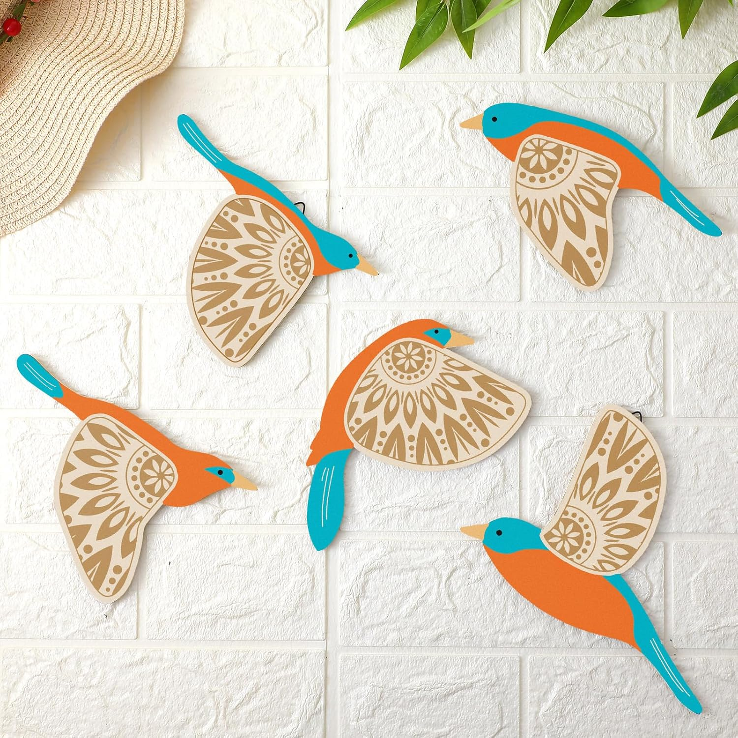 Barydat 5 Pcs Wooden Bird Wall Art Wood Flying Birds Wall Decor Rustic Folk Art Scandinavian Home Decor for Gift Living Room Bedroom Kitchen Office(Teal) image number 5