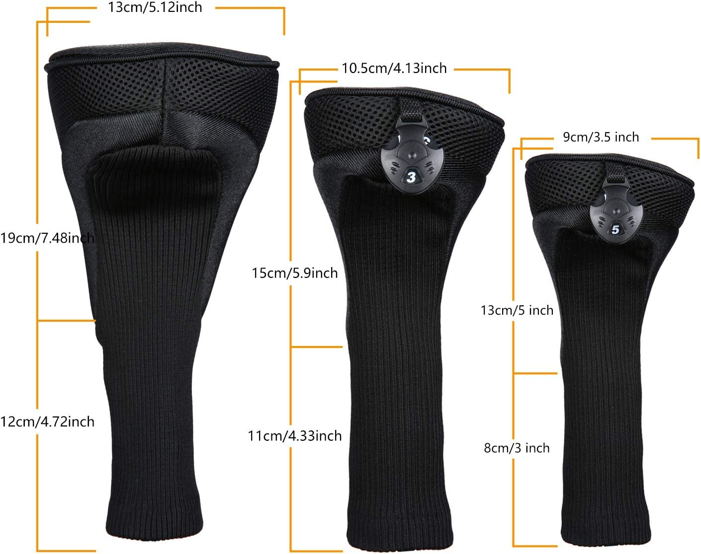 Black Golf Club Head Cover for Driver Fairway 3 Pcs Woods Headcovers, Golf Accessories Hybrid Head Covers Set with Interchangeable Tags 3 4 5 7 X - Black image number 2