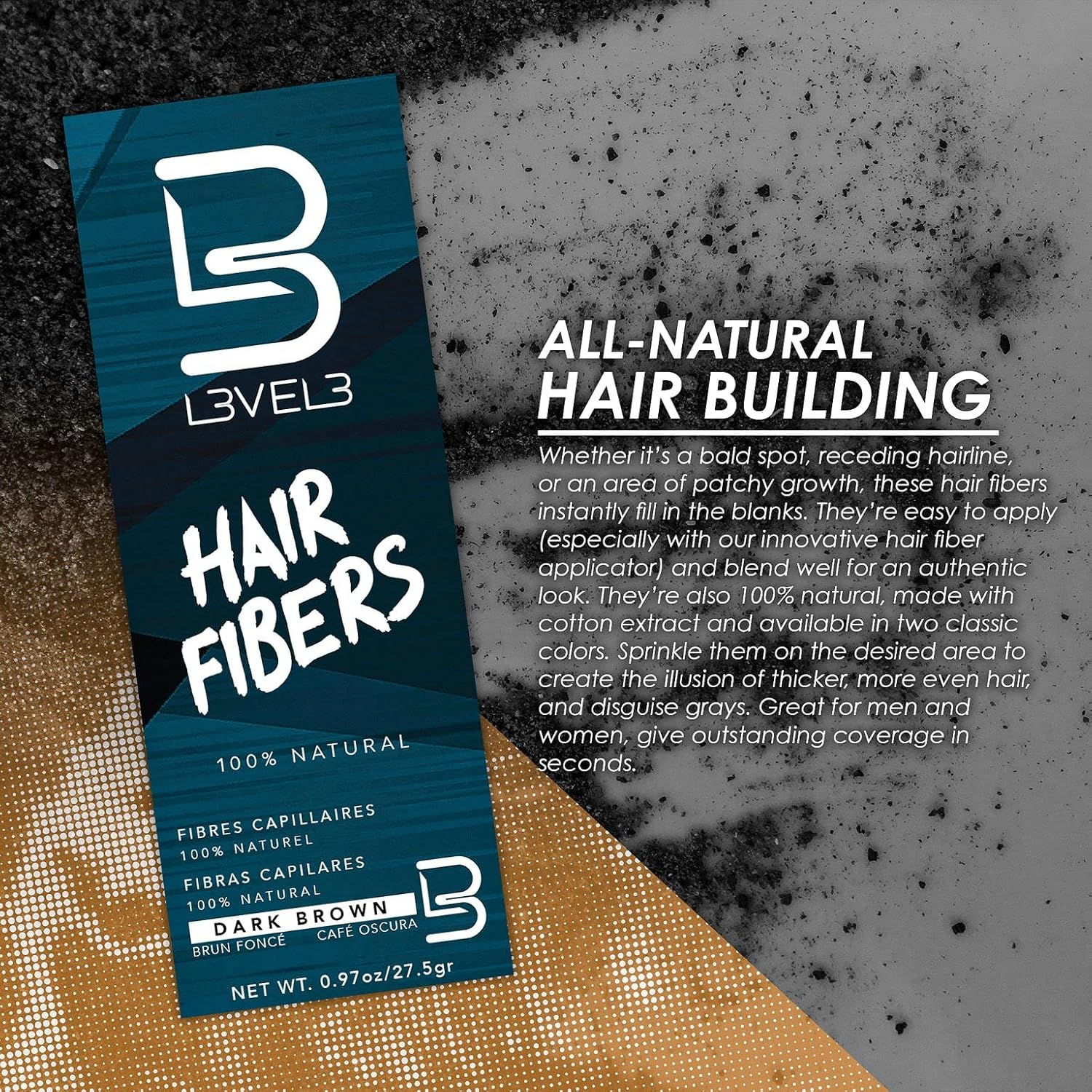 L3VEL3 Hair Fibers - Blends Seamlessly - Made with Cotton Extract - Adheres to All Hair Types - Suitable for Men and Women - Easy to Use from Bottle or Applicator - Brown - 0.97 Oz Treatment image number 2