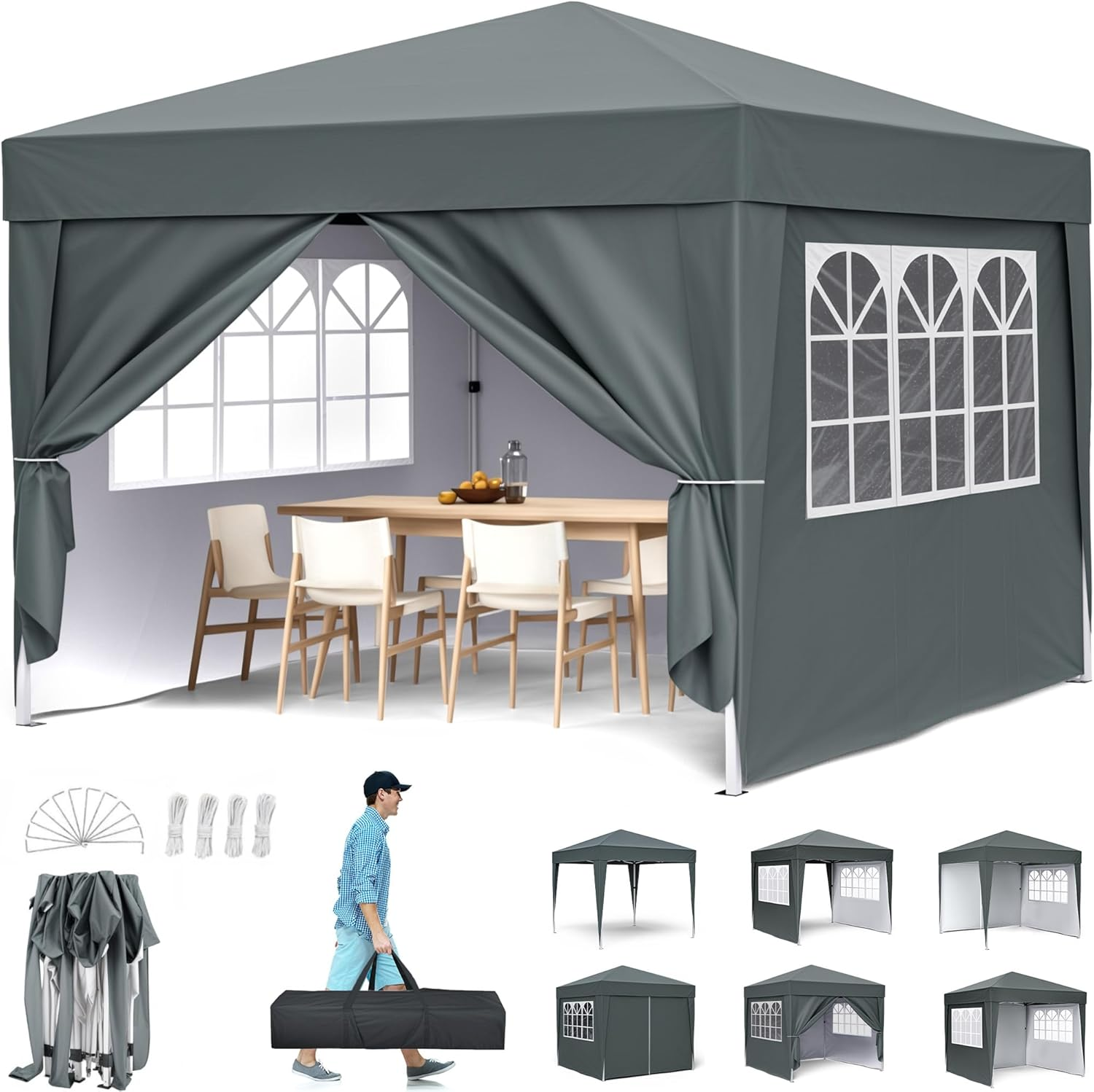 Advwin 2X2 Pop up Canopy, Portable Marquee, Waterproof Commercial Tent, Grey Folding Gazebo for Outdoor Events, Markets, Camping, Beach, Backyard, Festivals