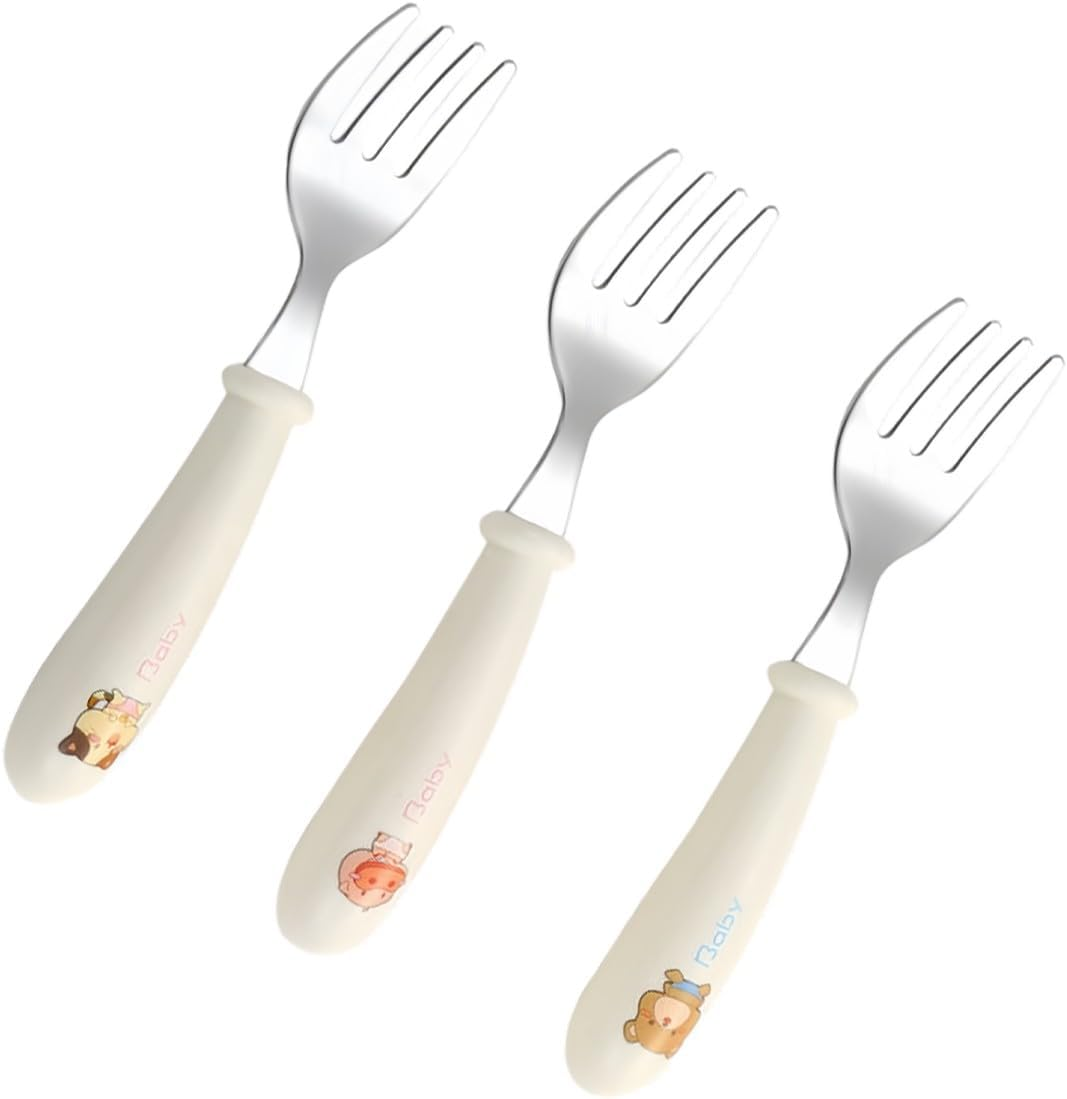 3 Set of Cutlery Set for Baby, Children'S Cutlery, Baby Learning, Baby Toddler Utensils Stainless Steel Silicone Fork for Baby Toddler