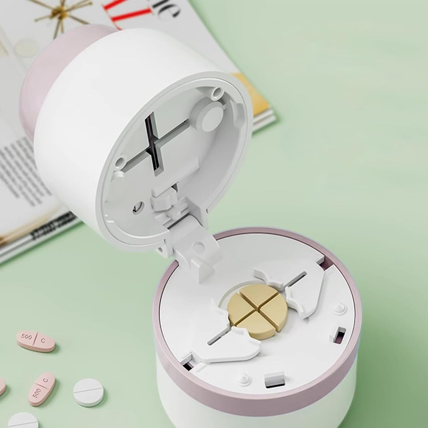 4 Functions Pill Cutter with Stainless Steel Blade Portable Pill Crusher Compact Pill Organizer for Small and Tiny Pills (Blove)