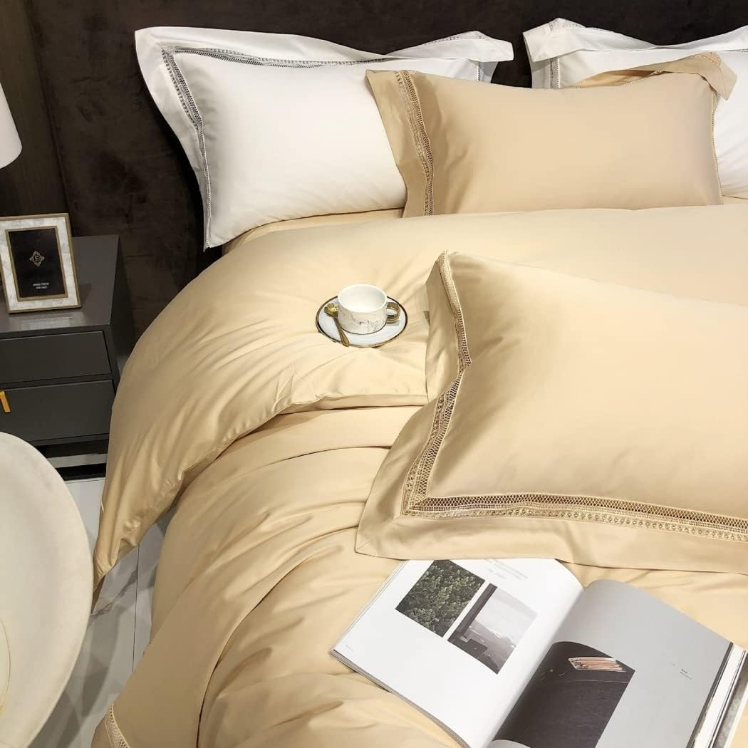Modern Minimalist Hollow Edge Long-Staple Cotton Four-Piece Set Cotton Cotton Solid Color Quilt Cover Bedding,Gold,2200 * 2400Mm image number 2