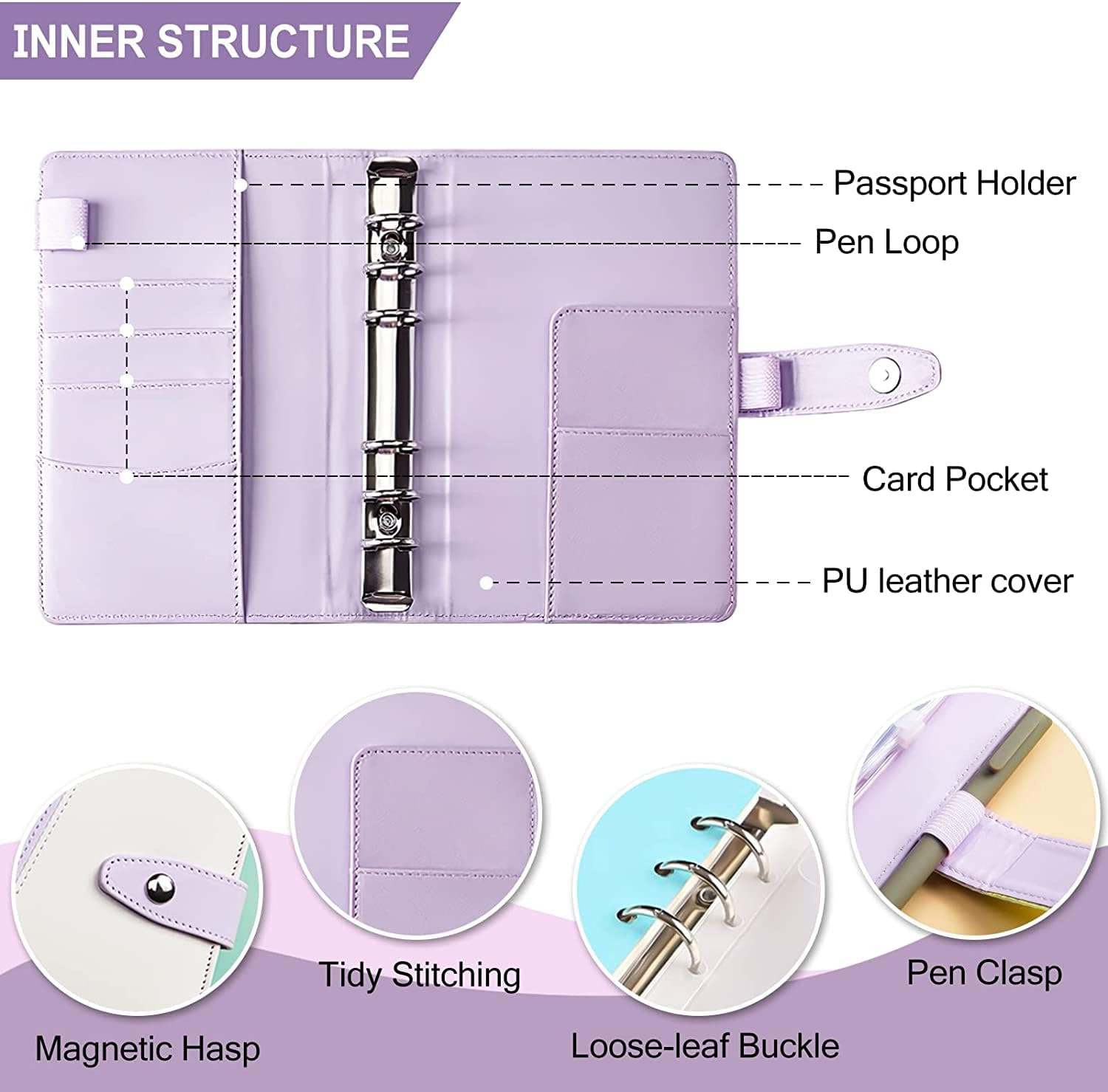 Budget Binder with Cash Envelopes for Budgeting, A6 Size, 12Pcs Budget Planner, Zipper Envelopes (Purple-White)