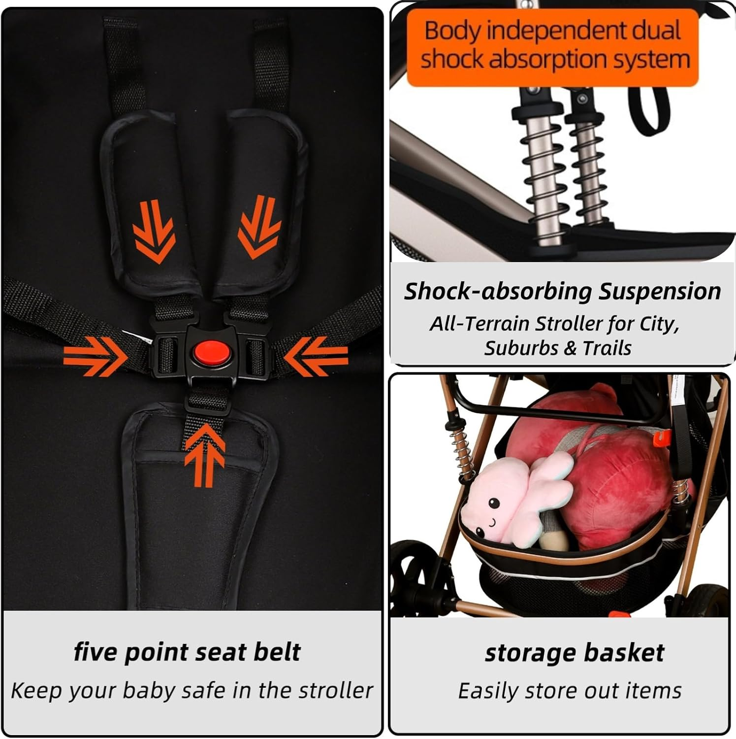 Winklestar Baby Stroller and Pram 3-In-1 Travel Pram with Bassinet, High-View Design, One-Hand Fold, 5-Point Safety Belt & Shock Absorption, 50KG Capacity, Includes Mosquito Net & Cup Holder (Black) image number 3