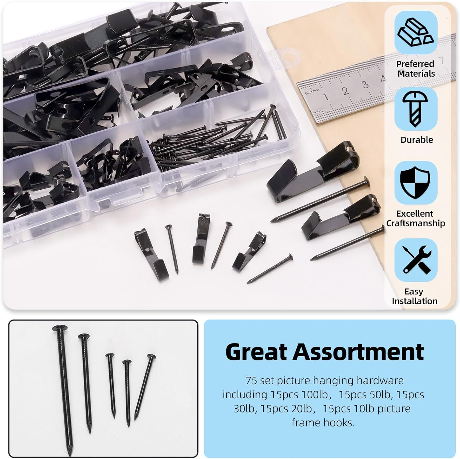 Glarks 75Pcs 10Lb/20Lb/30Lb/50Lb/100Lb Picture Hangers Hooks with Nails Kit, Black Picture Photo Hanging Hooks with Nails, Picture Hanging Kit for Frame, Painting, Art, Photo - Golden Black Picture image number 4