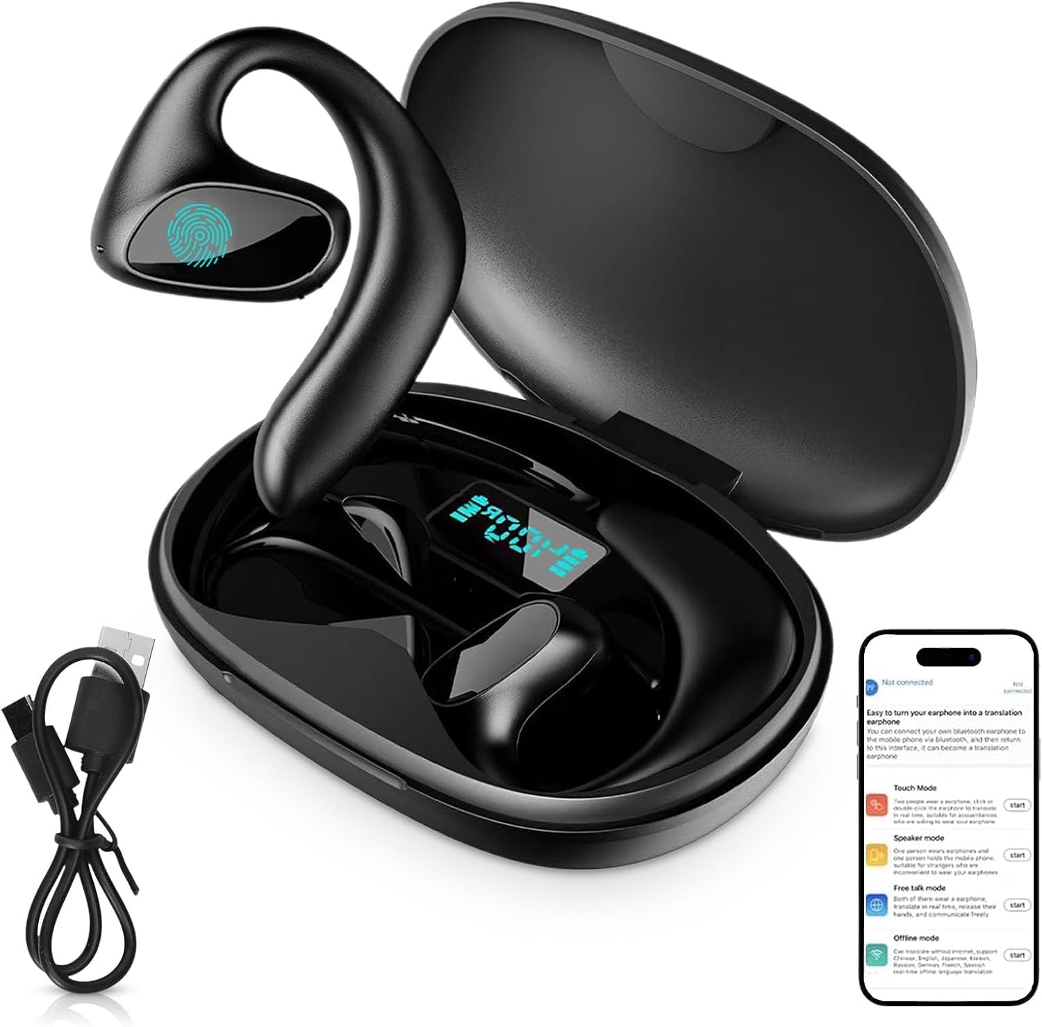 Jectse Open Ear Headphones, Music Calling TWS Bluetooth 5.3 Air Conduction Wireless Earbuds, Real-Time Translation for 150 Languages & Accents, for Business, Meeting, Travel, Black
