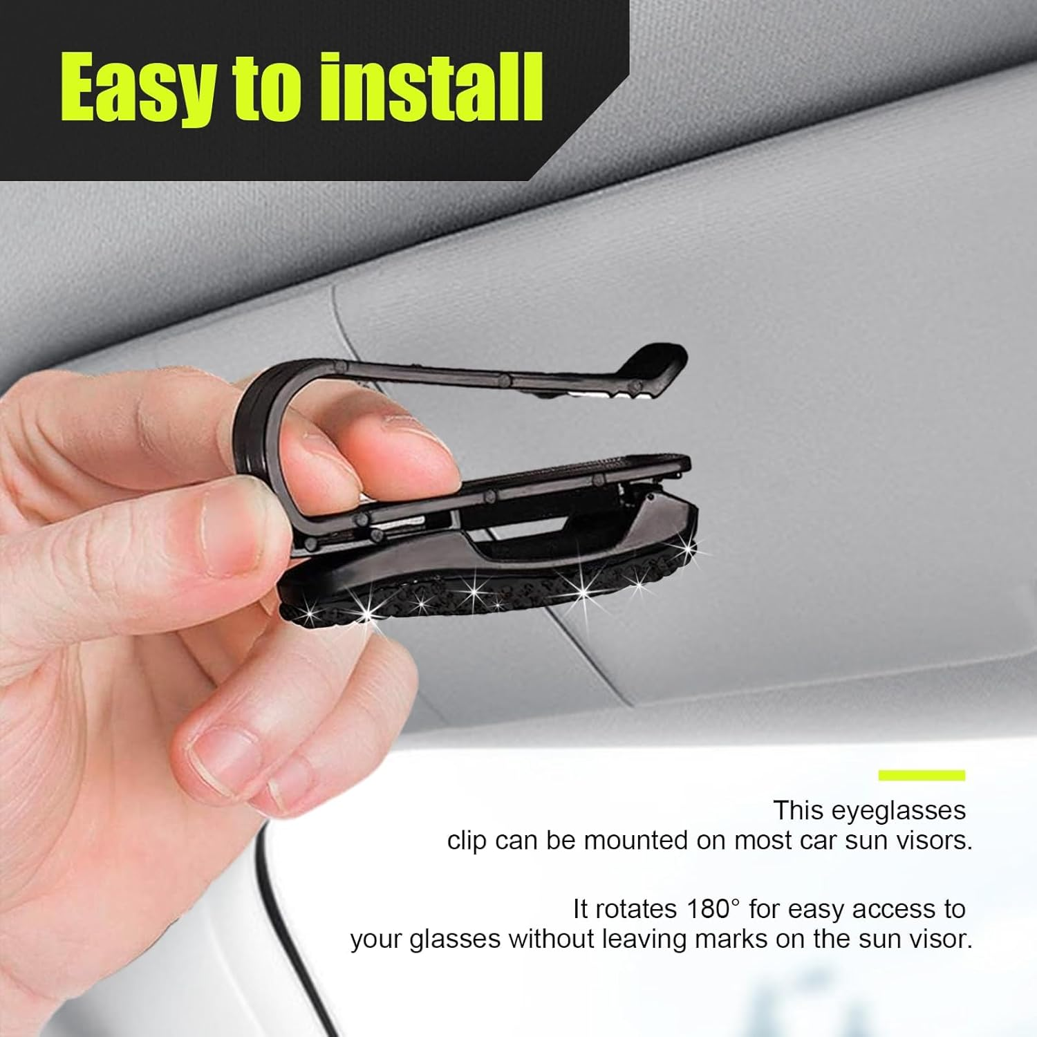 2 PCS Bling Sunglasses Holder for Car Sun Visor, Crystal Rhinestones Eyeglasses Hanger Mount with Ticket Card Clip, Universal Vehicle Visor Decor Accessories for Women (Black) - White  Ab  Multicolour image number 5