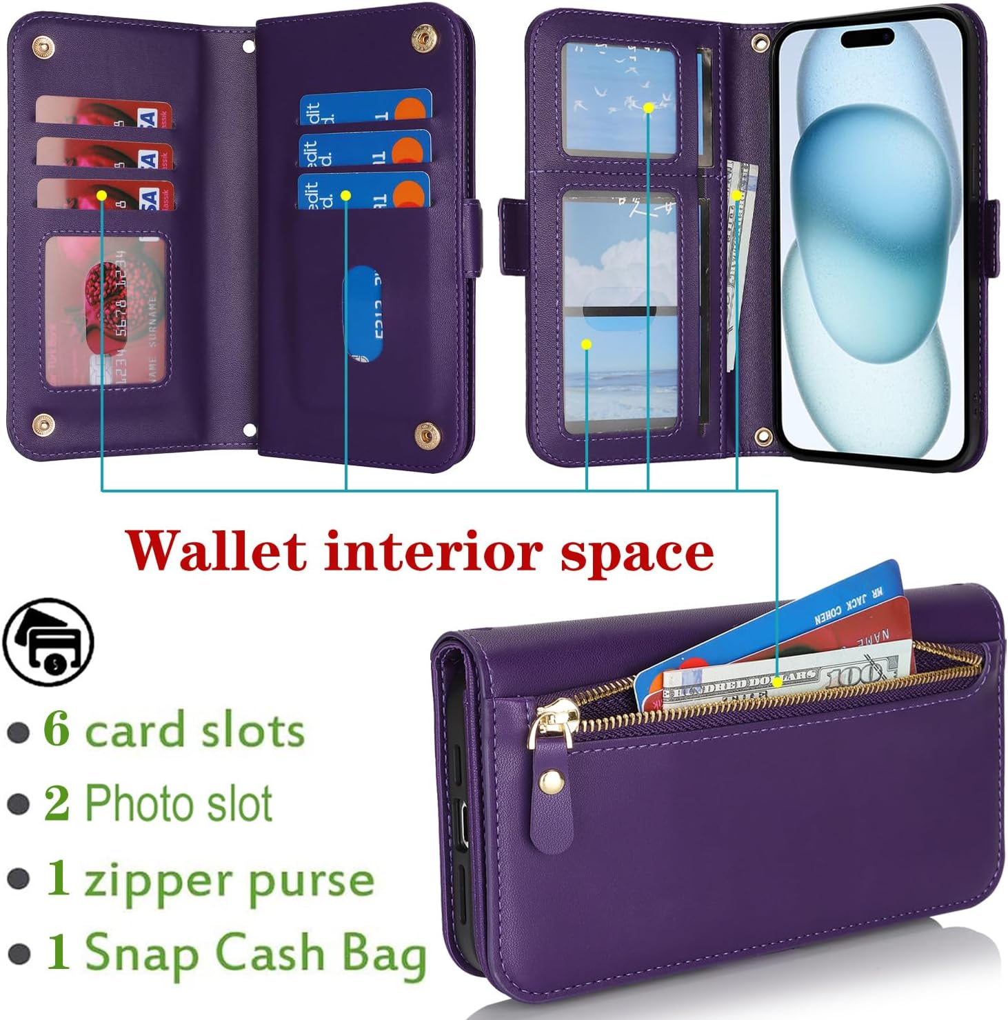 Sunyoo for Iphone 15 Case Leather Wallet with Card Holders Money Slots Wrist Strap for Women Men RFID Blocking Purse for Iphone15 Zipper Coin Pocket Cover Kickstand Folio Flip Case Purple image number 3