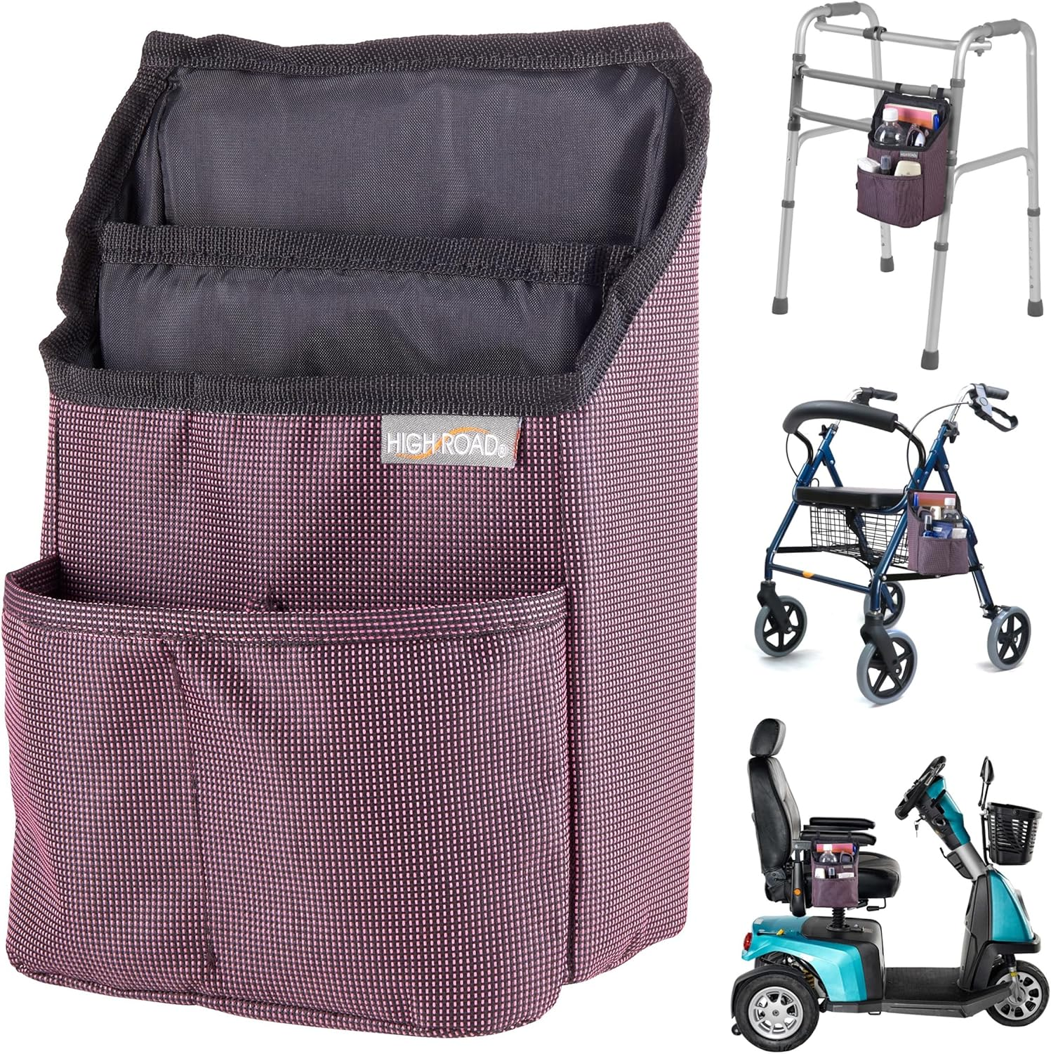 High Road Mobility Scooter Organizer, Compact Walker Bag and Wheelchair Side Bag with Easy Access Pockets for Adult Daily Living Needs (Gray Check)