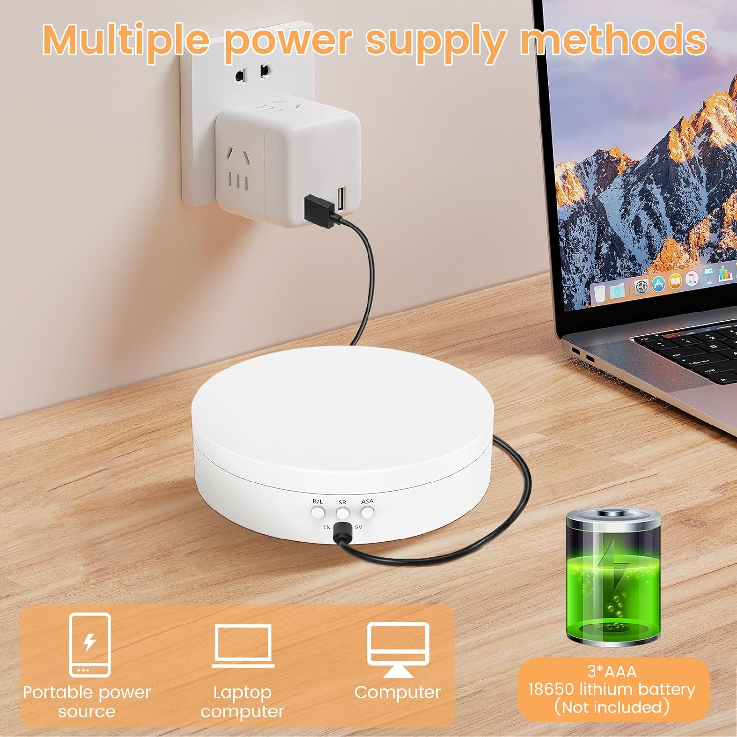 Rotating Display Stand 360&deg; Rotation Electric Rotating Turntable Speed and Direction Adjustable Turntable Display Stand with Low Noise for Jewelry/Photography Products/Watch/Cup and Ect. (White) - White image number 6