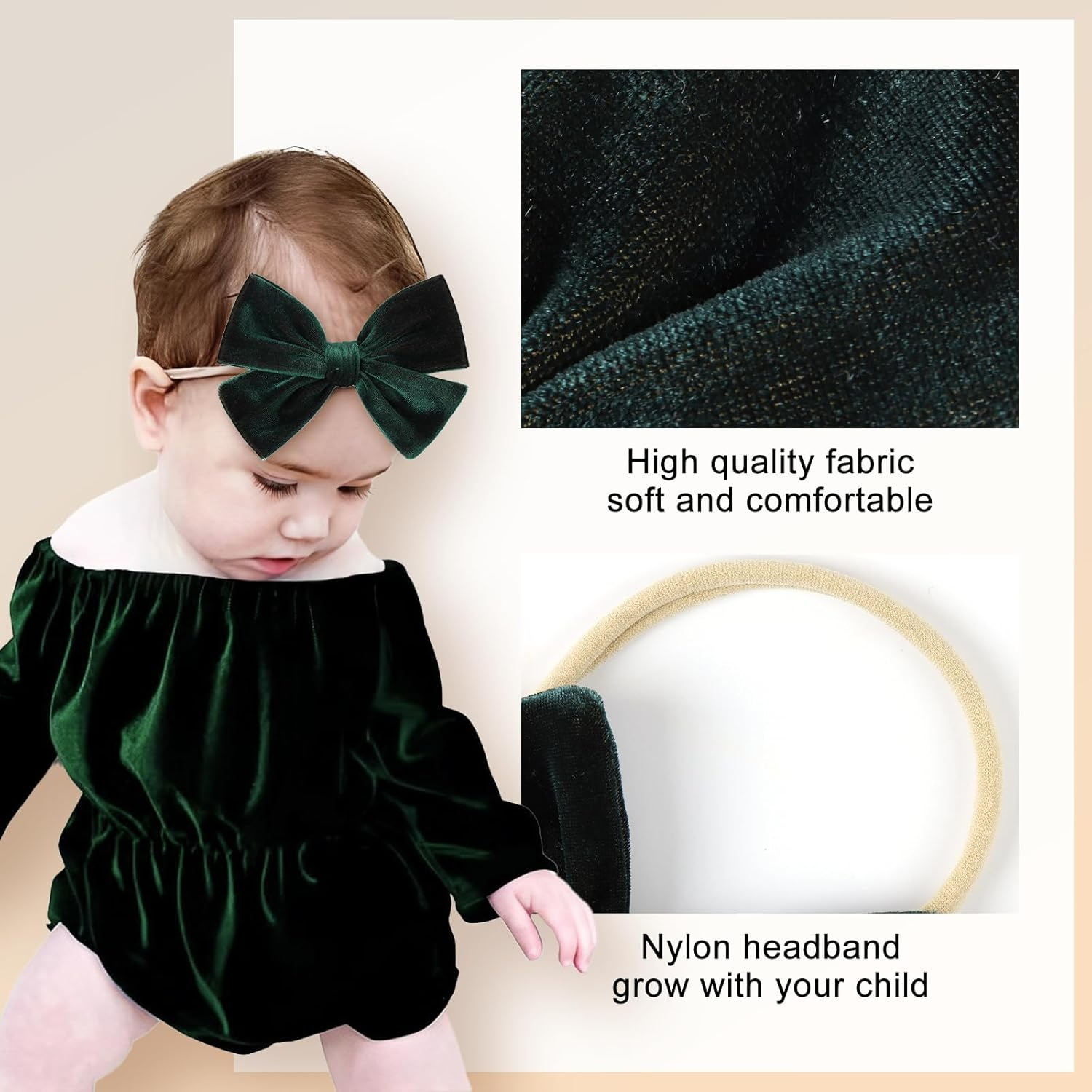 ONENINEDREAM Baby Girls 4" Velvet Hairband Handmade Tied Bow Elastic Nylon Hair Accessories, 3 Pcs Red, Green, Dark Green image number 1