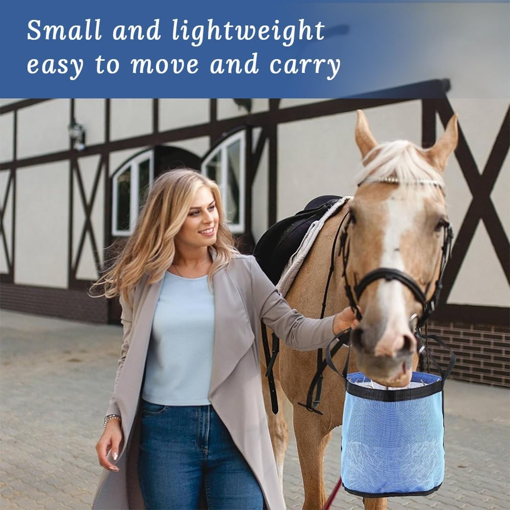 2 Pack Horse Feed Bags with Adjustable Halter Strap, Horse Feed Bucket, Mouth Hay Bag, Durable Mesh Grain Feeder for Feeding Horses (Blue) image number 1
