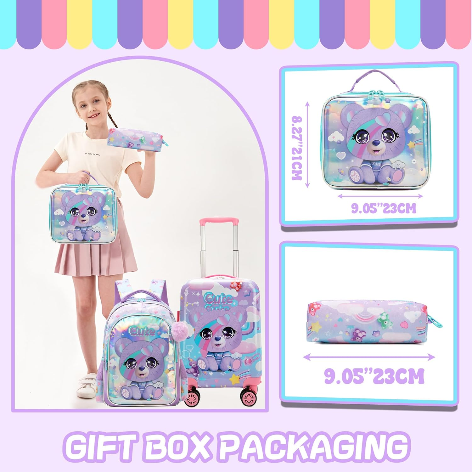 Homskiii Kid'S Luggage Set 5 Piece Suitcase Set 16" Hardside Luggage with Spinner Wheels Girls Boys Carry on Rolling Suitcase, a Bear, 16Inch - A Cat image number 7