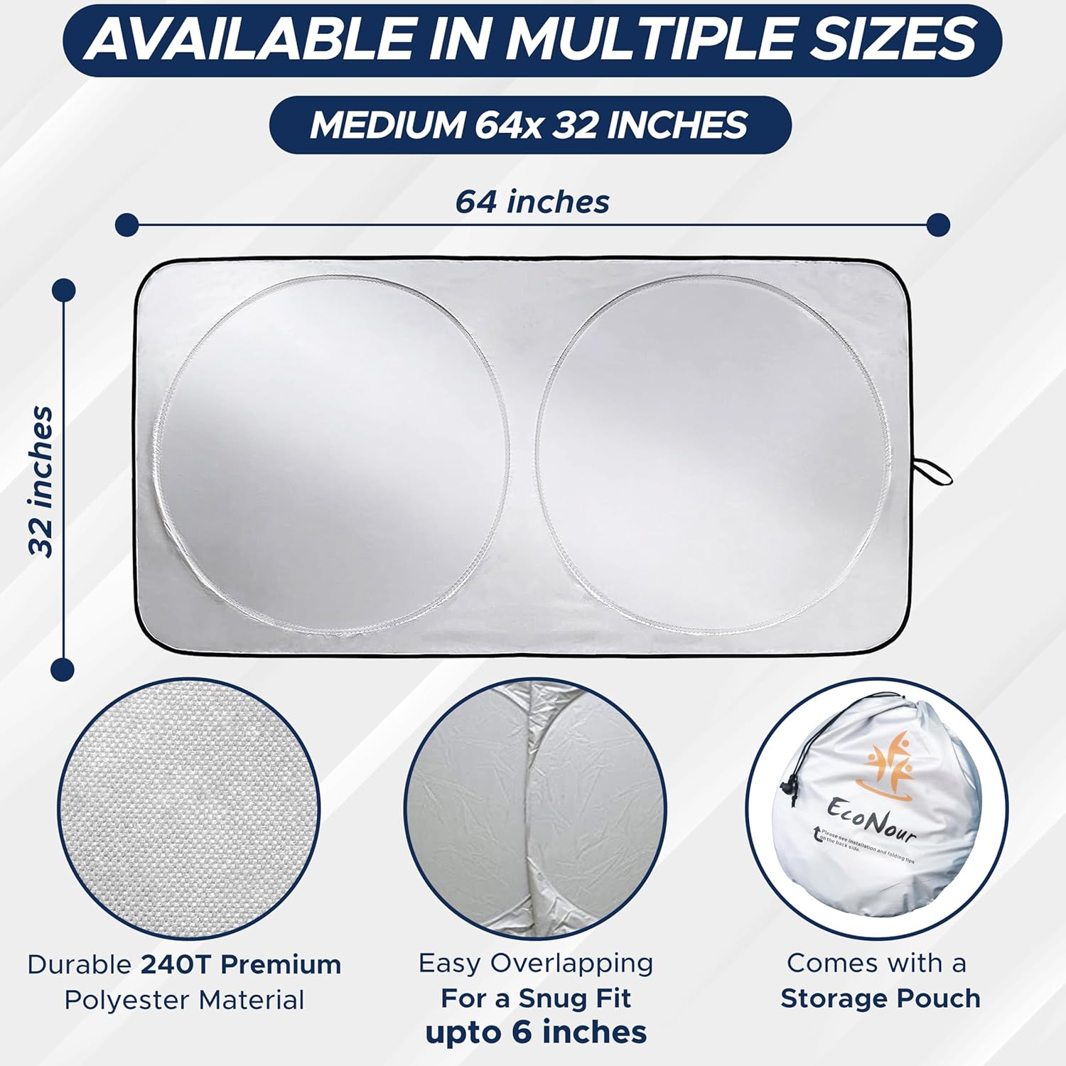 Econour Car Windshield Sun Shade with Storage Pouch | Durable 240T Material Car Sun Visor for UV Rays and Sun Heat Protection | Car Interior Accessories for Sun Heat | Standard (64 Inches X 32 Inches) image number 3