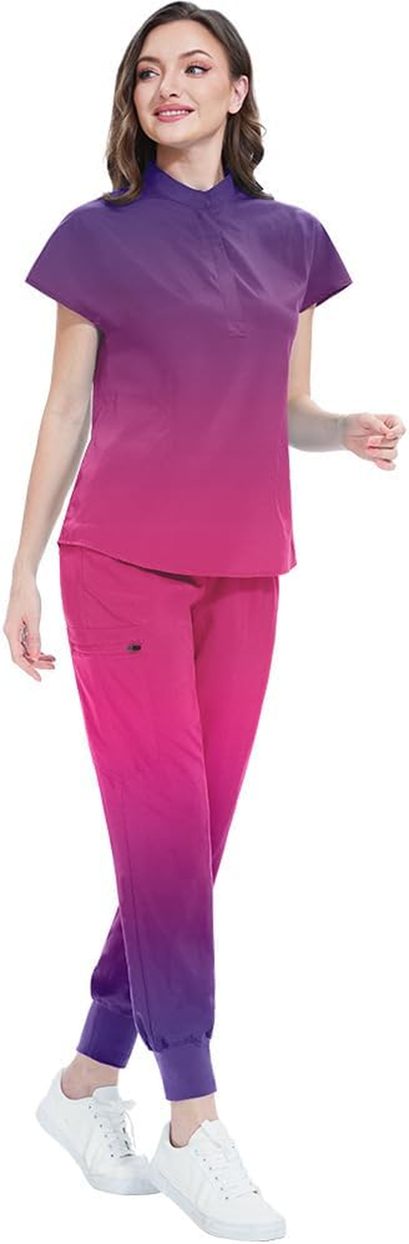 Meichoon Scrubs Set for Women Medical Uniform Set with Gradient Color Stand Collar Short Sleeve Top Elastic Jogger Pants Moisture-Wicking DK63 image number 6