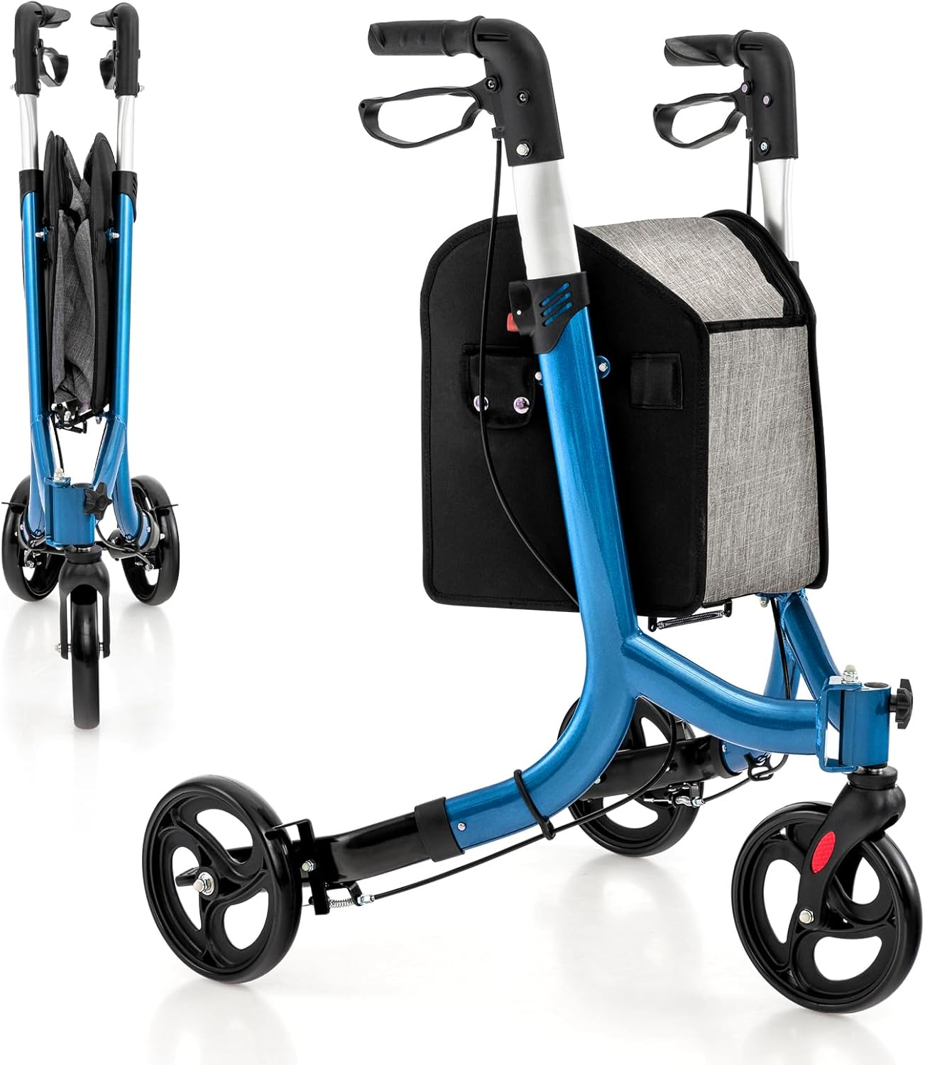 Costway 3 Wheel Rollator Walker, Folding Aluminum Rolling Walker W/Zippered Storage Bag, Safe Dual Brake System & 8" Wheels, Lightweight Medical Standard Rollator for Elderly Seniors (Blue)