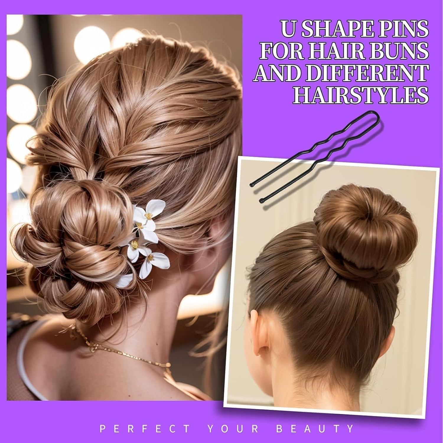 300 PCS Hair Pins Set, 100 Black Bobby Pins, 100 U-Shaped Hair Pins & 100 Clear Rubber Bands, Hairpins for Buns, French Pins, Hair Accessories for Women and Girls, Storage Case Included