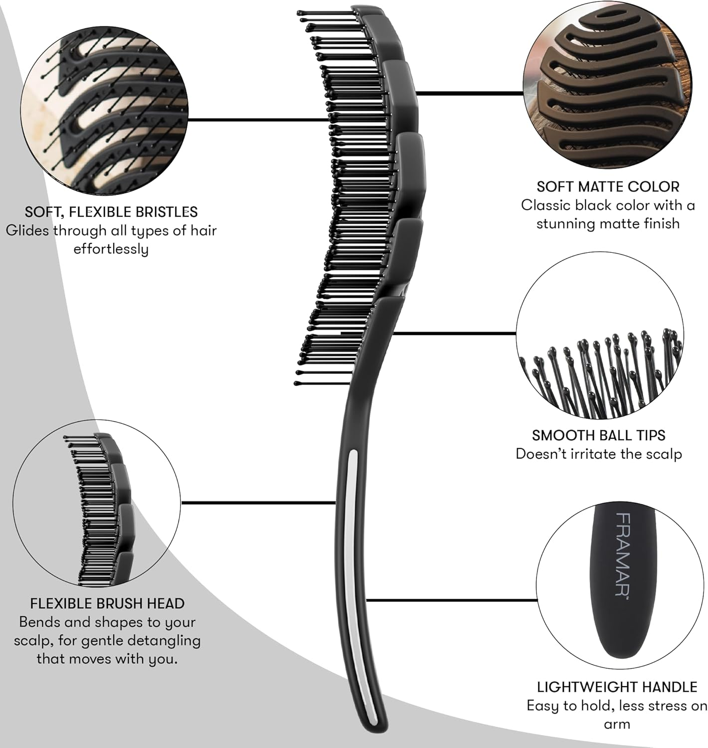 FRAMAR Vented Hair Brush for Women &ndash; Flex Brush, Wet Hair Brush Detangler, Wet Hairbrush for Women, Detangle Brush, Brushes for Hair, Hairbrushes &ndash; Vented Design for Faster Drying Time - Black - Black image number 6