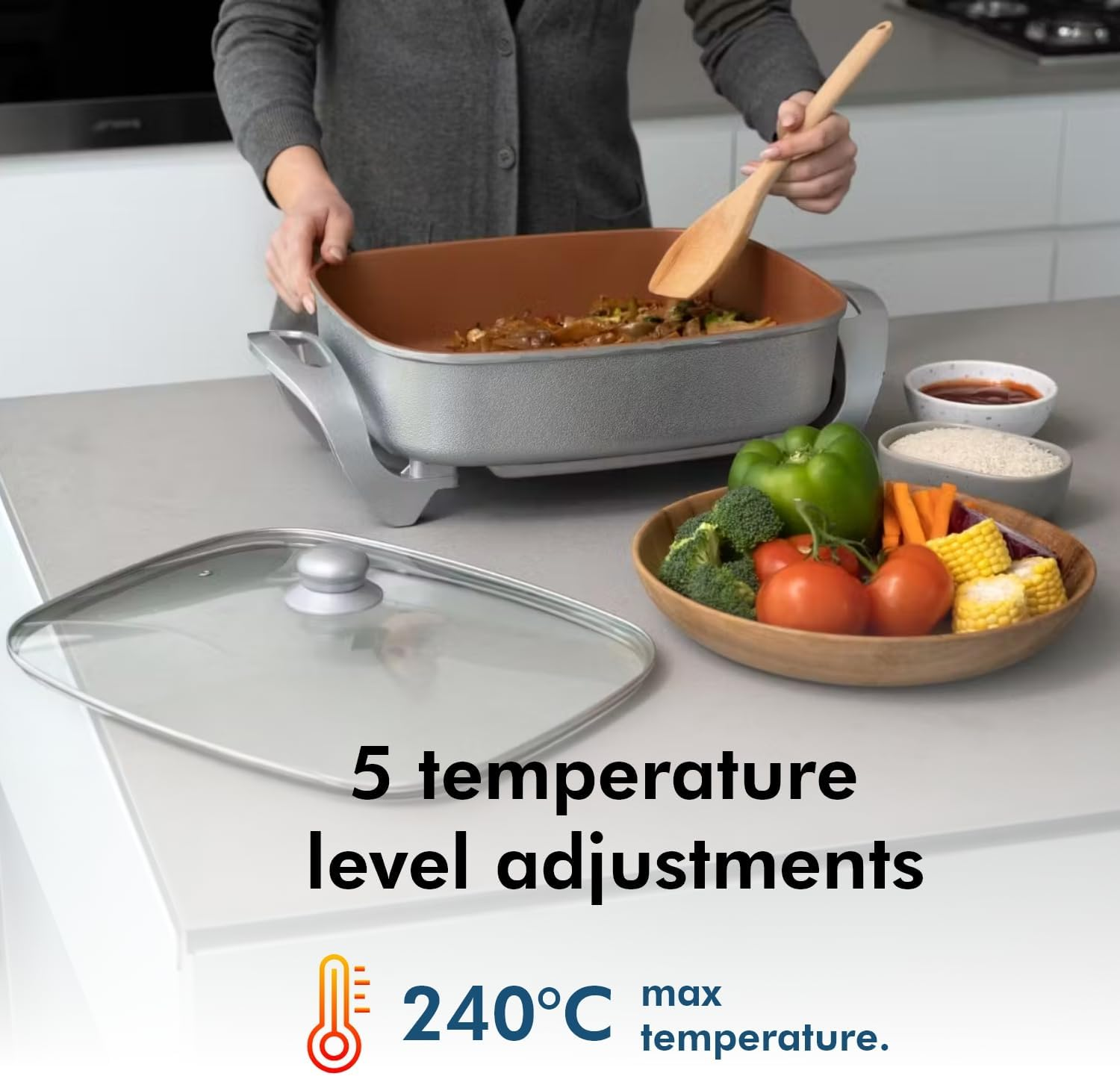 Healthy Choice 38X30CM Electric Kitchen Skillet with Nonstick Copper Coated Grill Pan & Glass Lid Cover, Indoor Countertop Cooking Pan with Temperature Control & Handle Compact Easy Clean image number 6