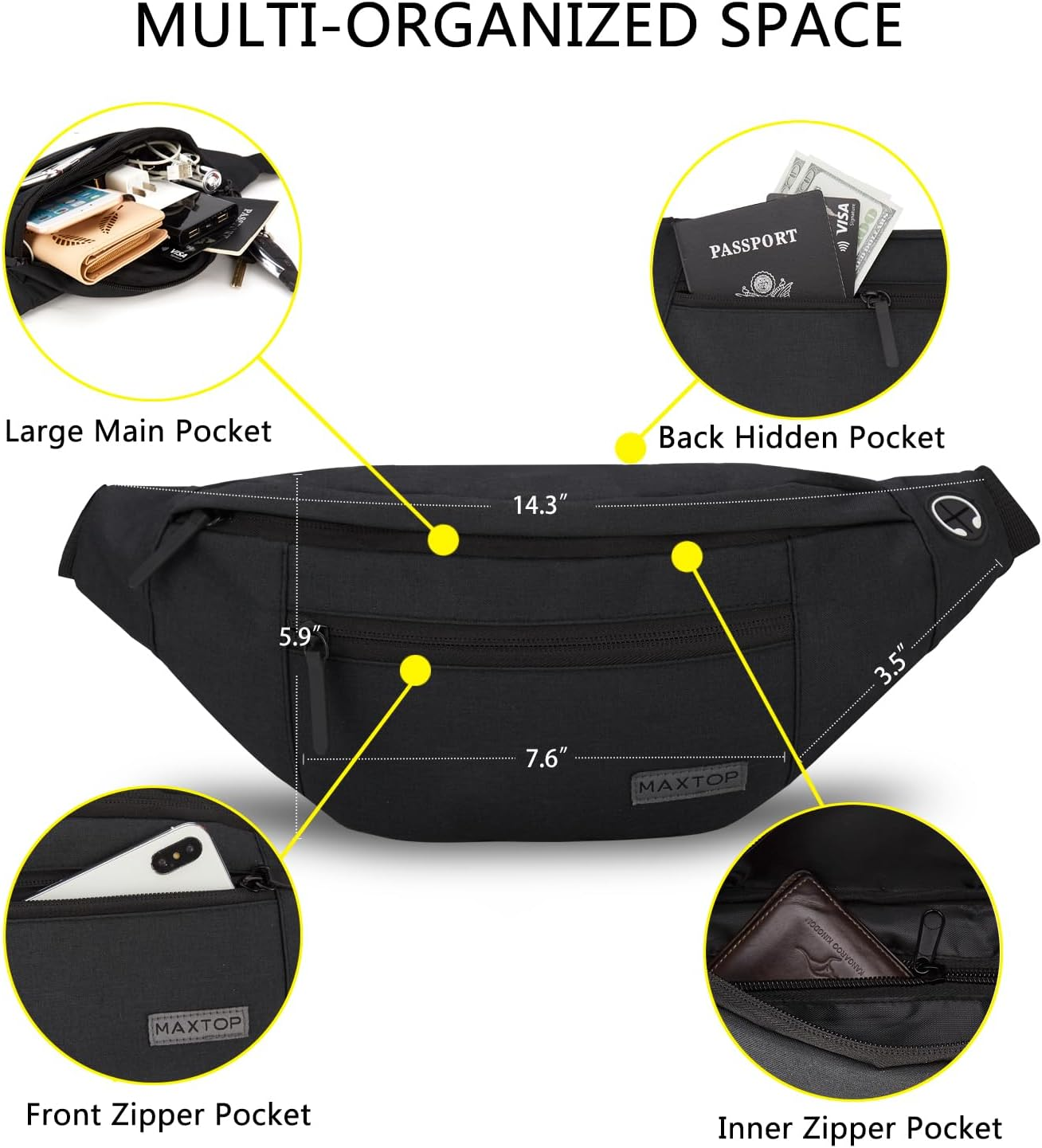 MAXTOP Large Crossbody Fanny Pack with 4-Zipper Pockets,Gifts for Enjoy Sports Festival Workout Traveling Running Casual Hands-Free Wallets Waist Pack Phone Bag Carrying All Phones image number 4