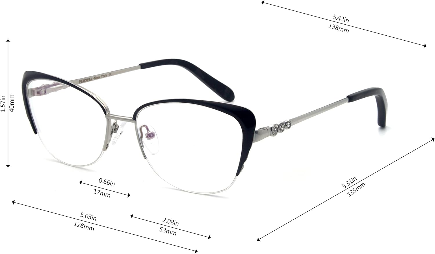 Women Glasses Stylish Half Frame with Rhinestone Cateye Eyeglasses image number 1