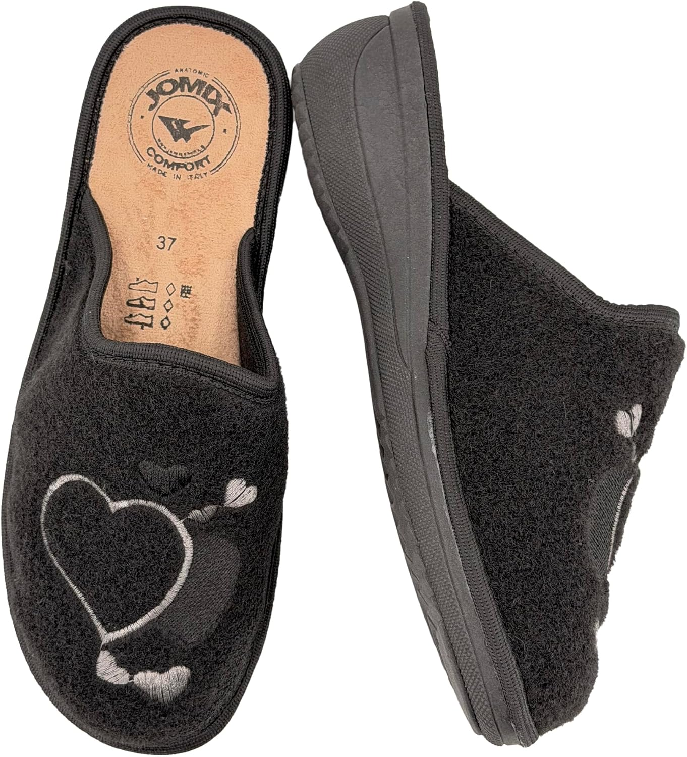 JOMIX Women'S Slippers Winter Comfortable Slippers Low Wedge Heel Made of Felt with Embroidered Hearts Warm Soft Non-Slip Made in Italy image number 5
